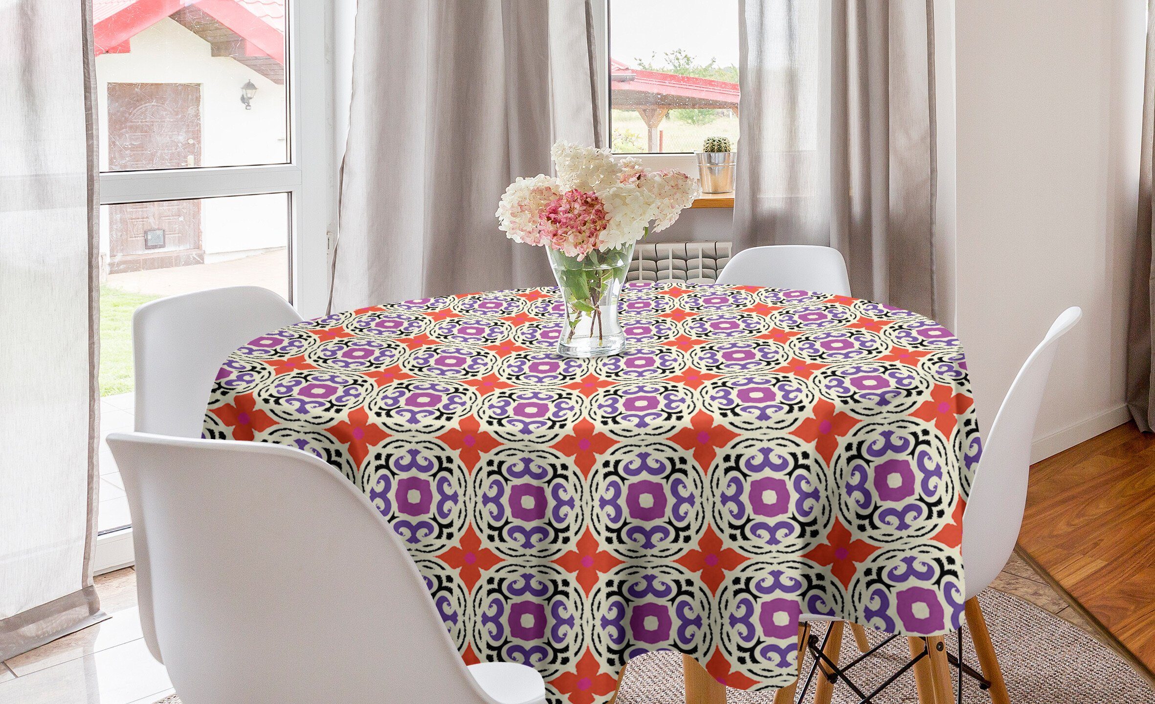 Abakuhaus Tischdecke Kreis Tischdecke Abdeckung für Esszimmer Küche Dekoration, Ethnisch 4 Petal florale Motive