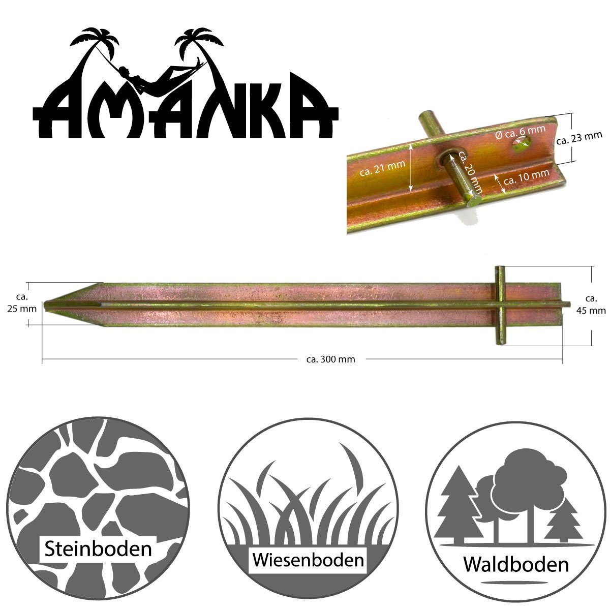 AMANKA Zelthering Set: 4 Massive Erdnägel für Zelte - 300 mm Camping Heringe Verzinkt, T-Profil Bodenanker für harte Böden - Zelt Zubehör Witterungsbeständig