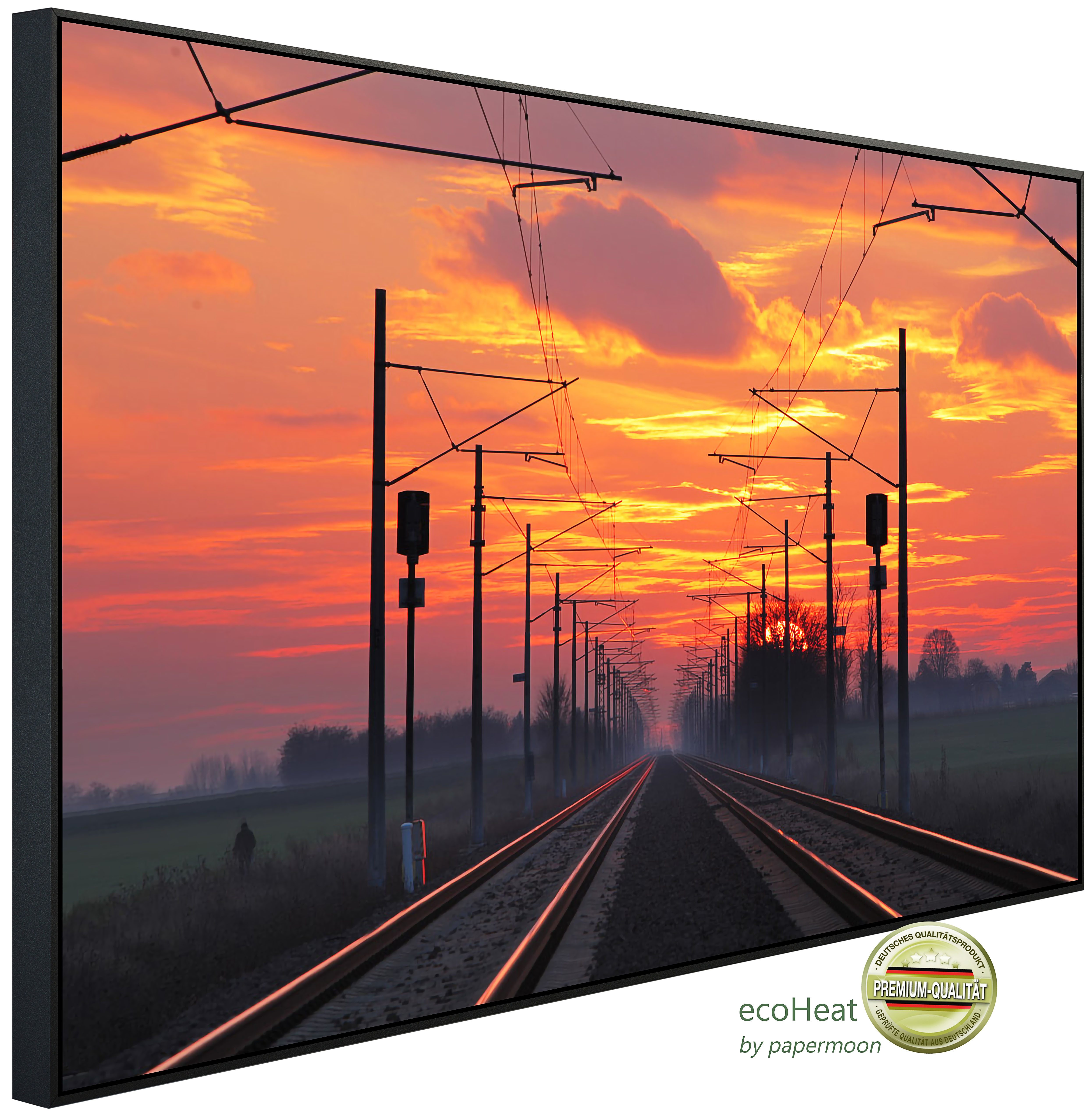 Papermoon Infrarotheizung INFRAROT-BILD-HEIZUNG, Zugschienen mit Sonnenuntergang, TÜV-Rheinland/GS zertifiziert, angenehme Strahlungswärme