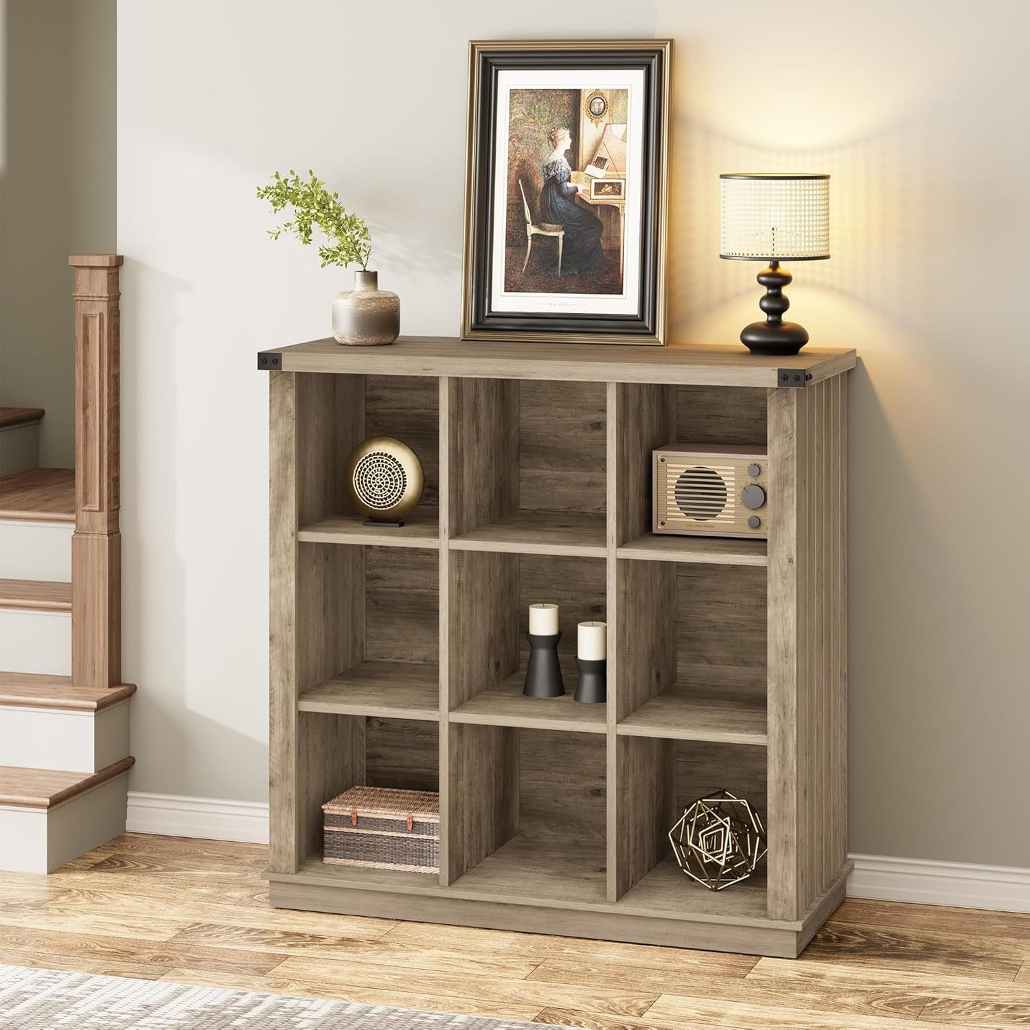 GarveeMore Bücherregal Regal mit 9 Fächern,4 Ebenen Holzregal für den Eingangsbereich, horizontales Bücherregal im Landhausstil,niedriges Bücherregal