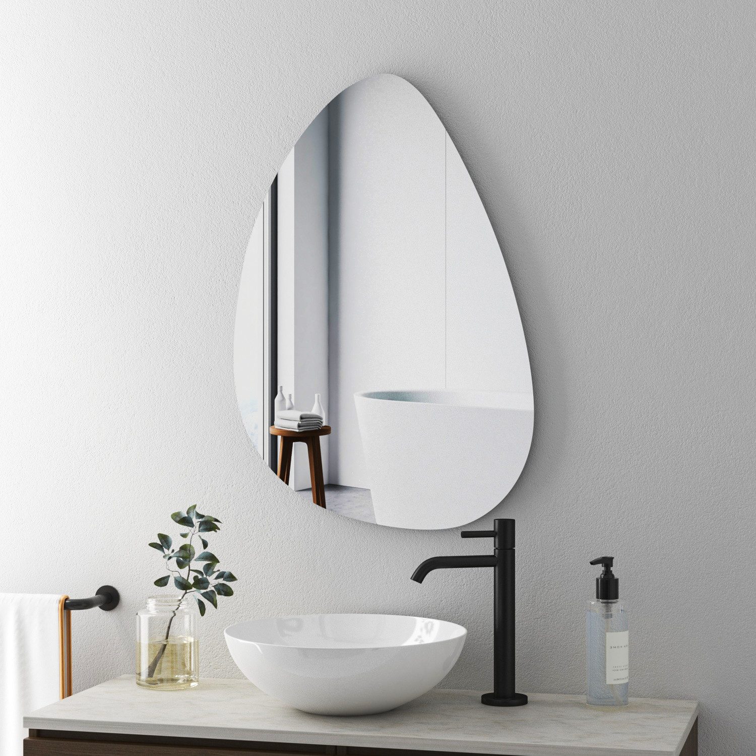 WDWRITTI Badspiegel Modern 65x90cm Wassertropfen Wandspiegel Asymmetrisch (Badezimmerspiegel Rahmenlos, mit Metall Haken), 1:1-Reflektion, Explosionsgeschutz