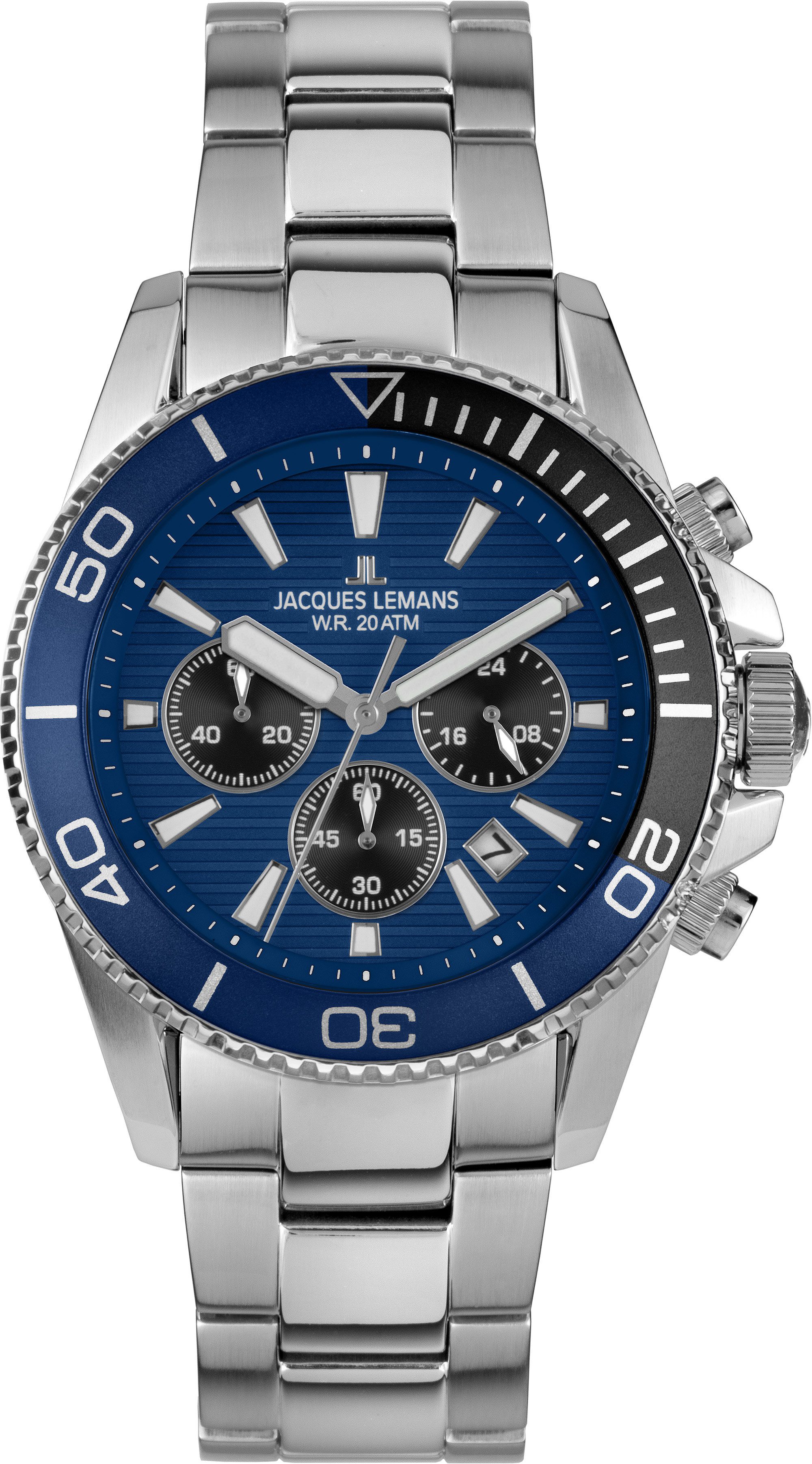 Jacques Lemans Chronograph Liverpool Diver 1-2206H, Quarzuhr, Armbanduhr, Herrenuhr, Edelstahlarmband, analog, Tag