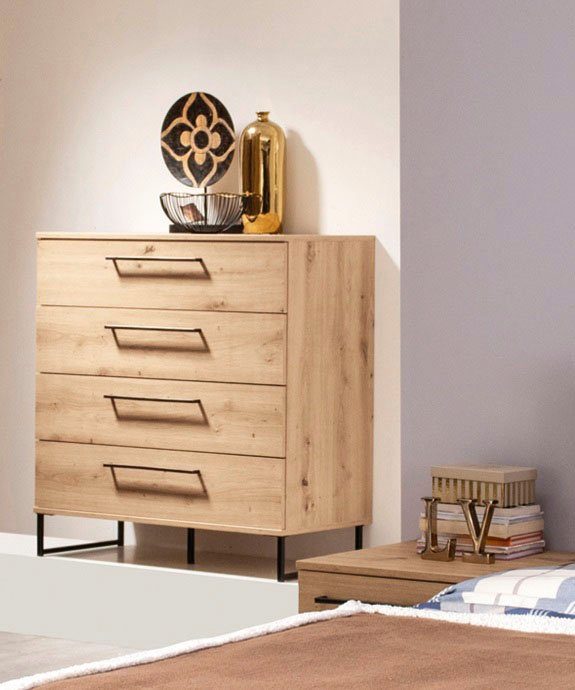 INOSIGN Kommode Sardinia, Sideboard mit 4 Schubkästen, B/T/H: 91x92,5x42cm, mit 4 Schubladen, mit trendigen schwarzen Griffen und Metallfüße