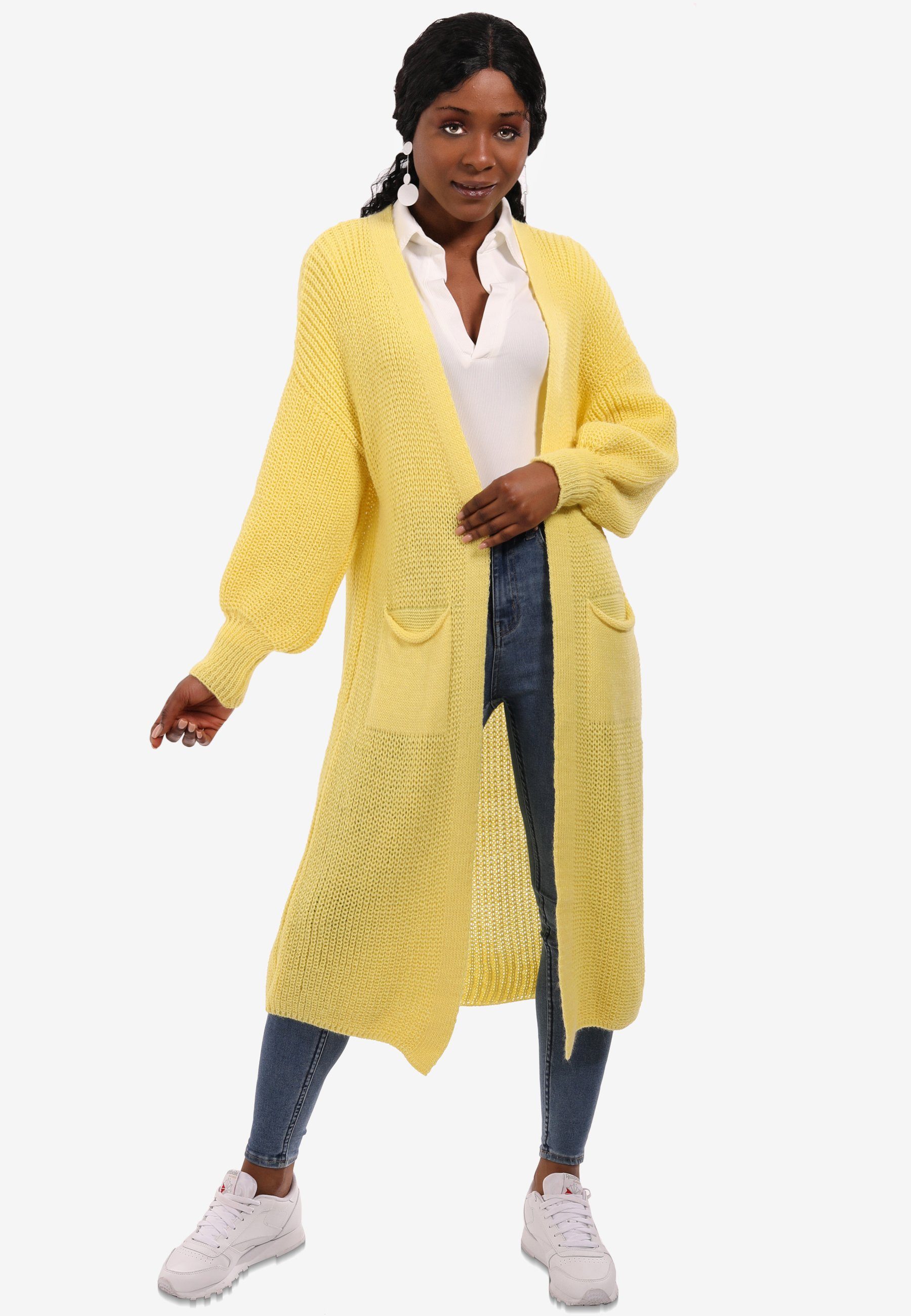 YC Fashion & Style Cardigan Basic Strickjacke Cardigan Verschlusslos in Unifarbe, mit aufgesetzten Taschen gelb
