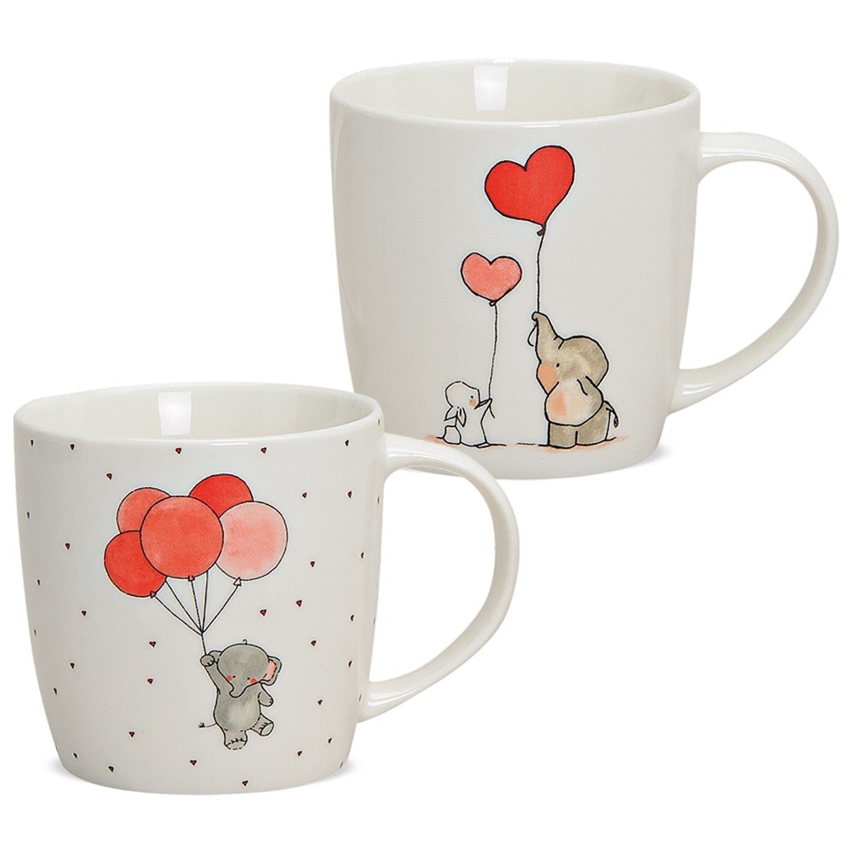 matches21 HOME & HOBBY Tasse Süsse Kaffeetassen 2er Set Tiere Liebe Elefant Hase Herzen, 2-tlg., Porzellan, Tee, Kaffee-Becher, klassisch, weiss rot bunt, 250 ml