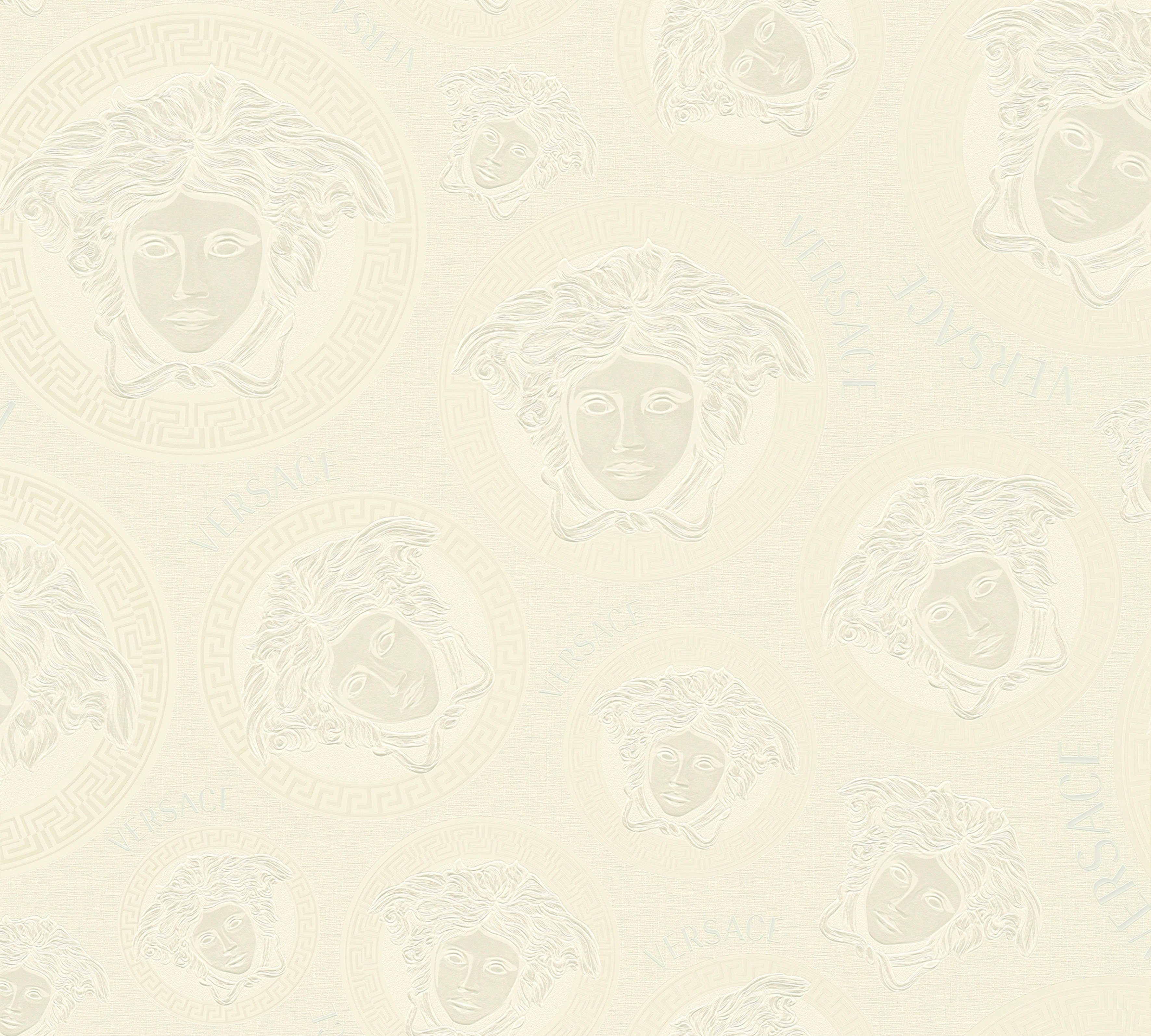 Versace Vliestapete Wallpaper Versace 5 Medusakopf, leicht strukturiert, leicht glänzend, (1 St), Designertapete creme/weiß
