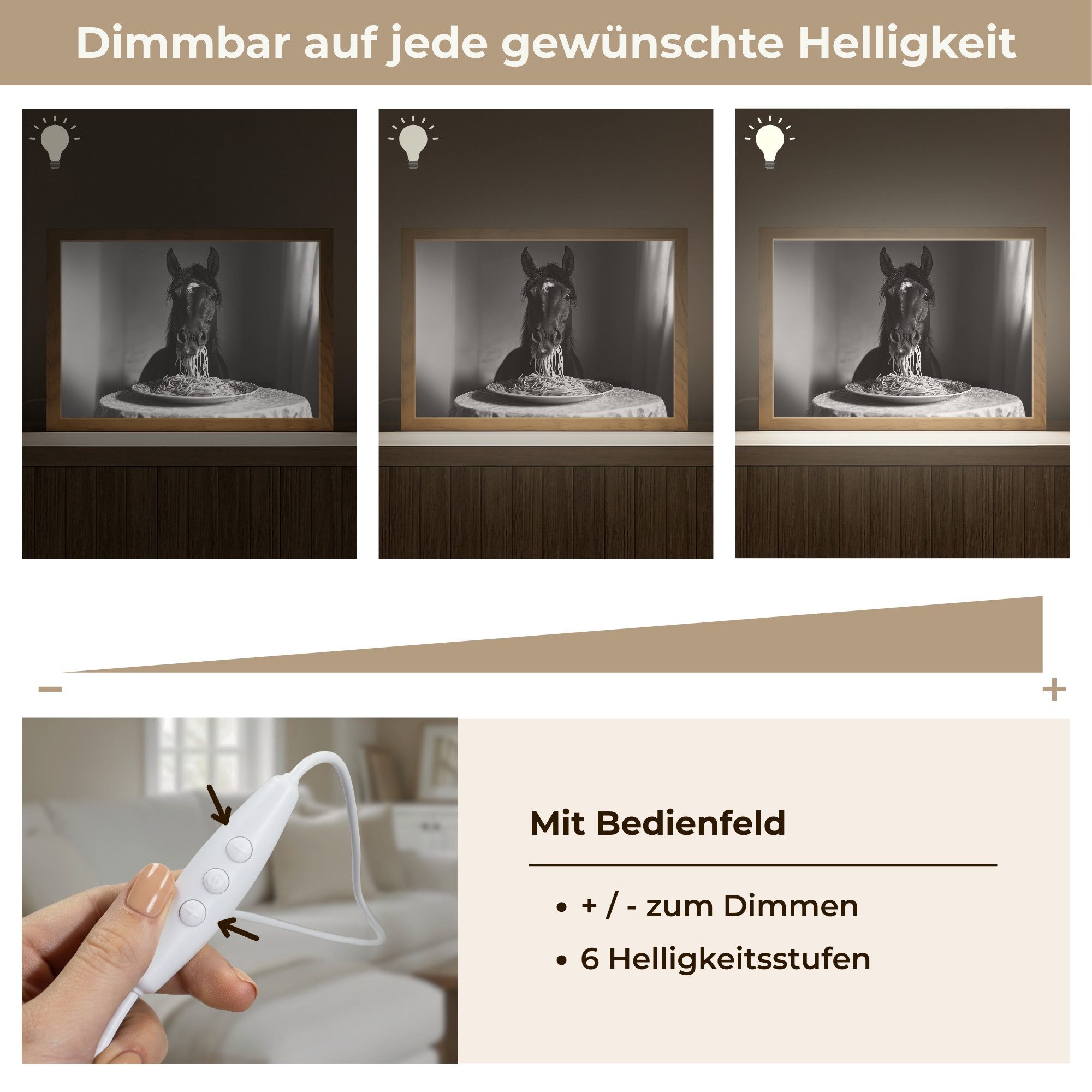 OnlyWow Wandleuchte Lightbox Pferd - Teller - Pasta - Tischtuch - Schwarz und weiß - Tiere, Dimmbar, Farbwechsel, LED, Warmweiß, Kaltweiß, Neutralweiß Einstellbar, Wandlampe Innen, Dimmbar, mit Kabel, LED, Modern, Schlafzimmer