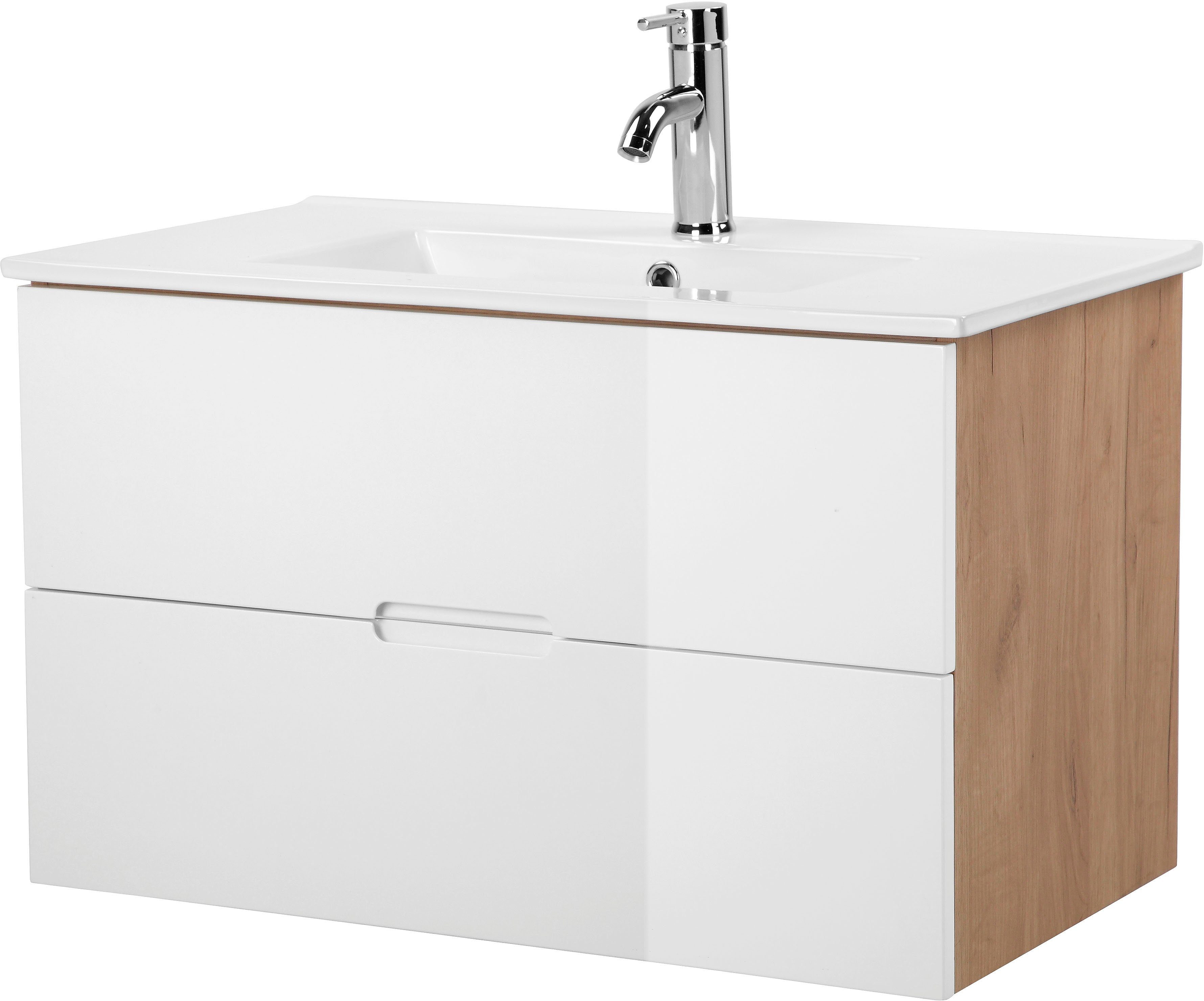 welltime Waschtisch Lund Badezimmerschrank Unterschrank mit Becken (Set), Waschplatz mit Waschbecken und 2 Auszügen Breite 80 cm