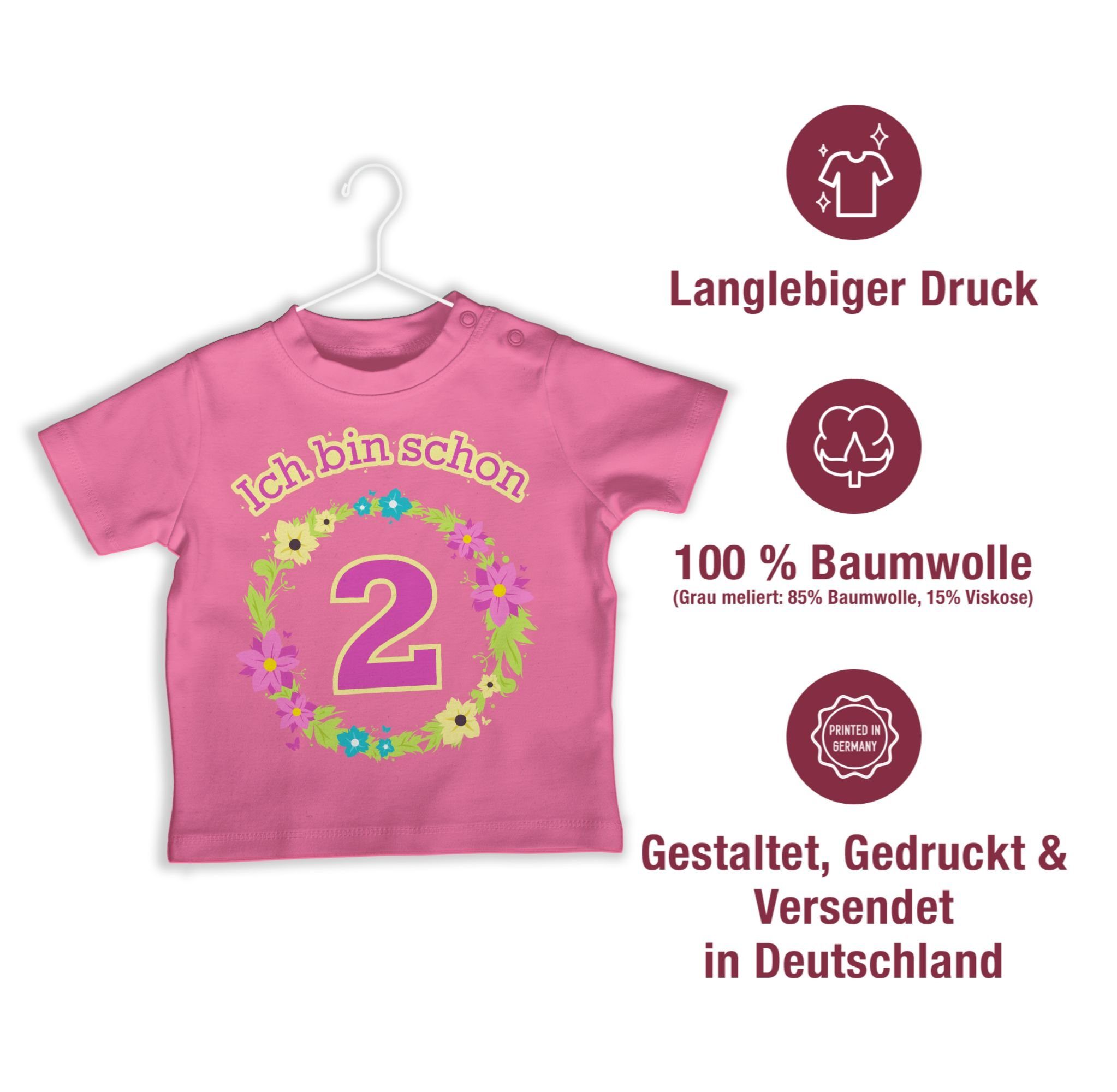 Shirtracer T-Shirt Ich Blumenkranz 2. 3 Geburtstag Pink zwei schon bin
