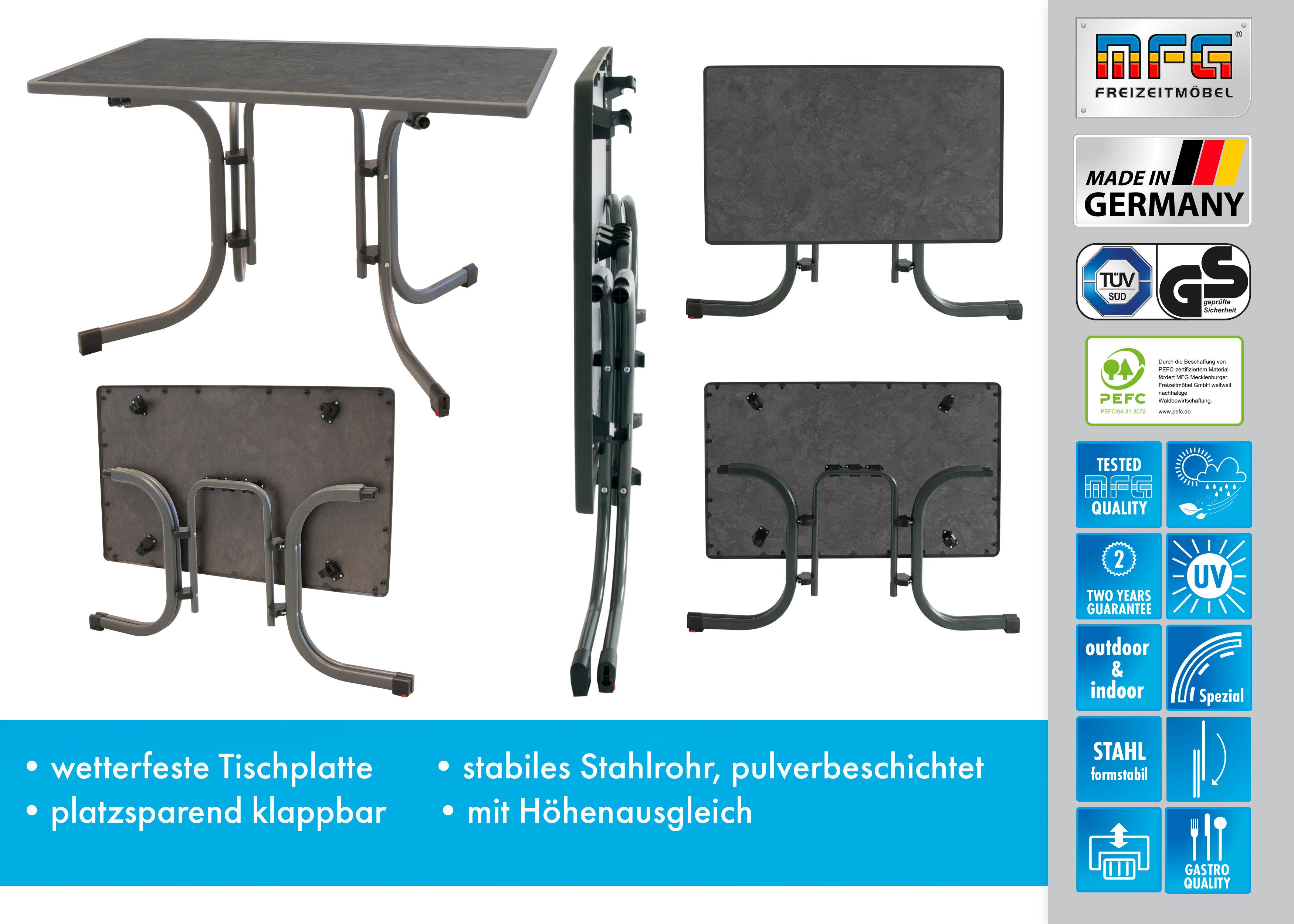 MFG Freizeitmöbel Gartentisch MFG Boulevard-Klapptisch 110x70 cm, anthrazit/schiefer, Wetterfeste Melanin-Platte mit stoßfester Kante