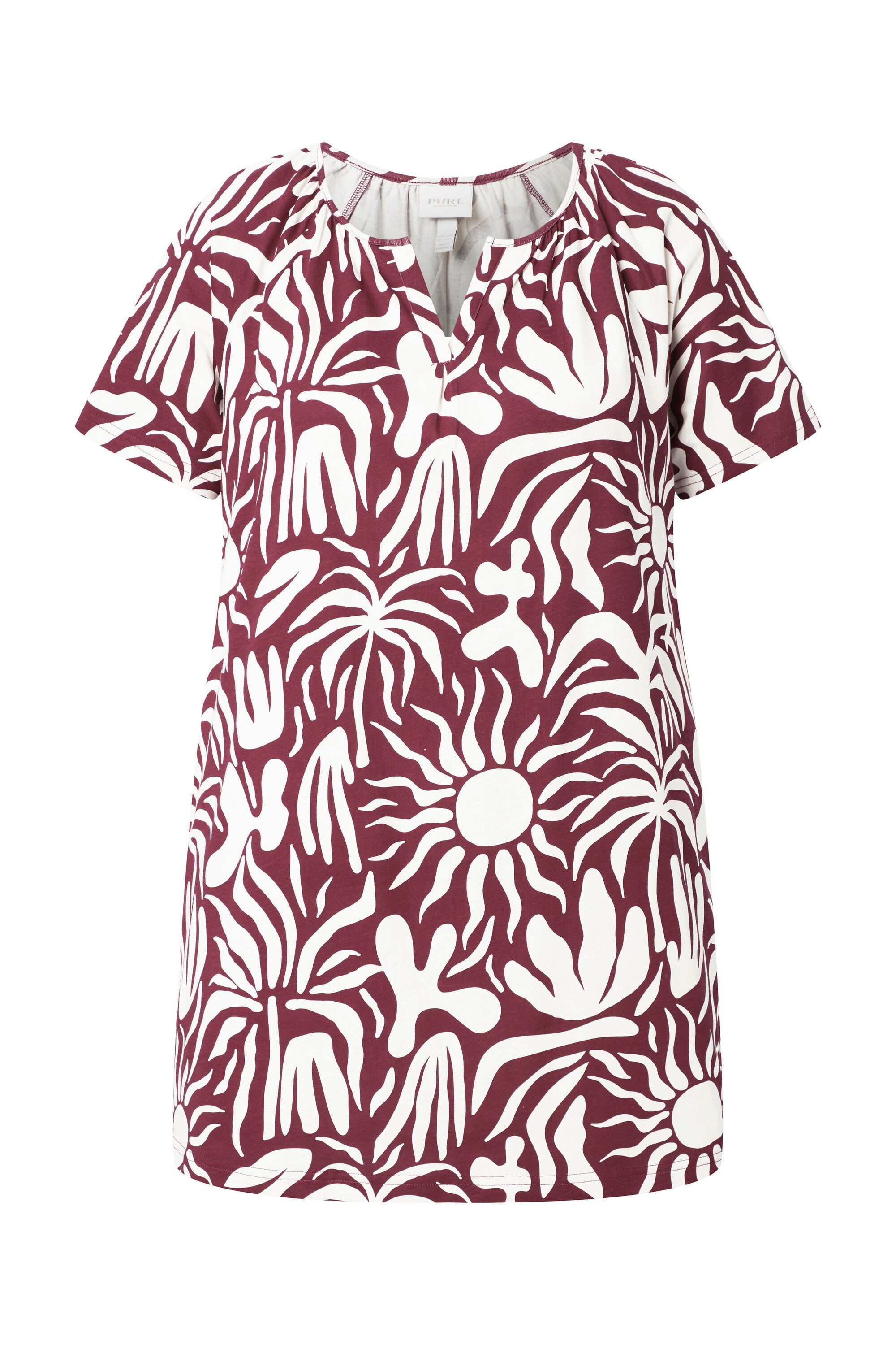 Longshirt T-Shirt Blätter Tunika-Ausschnitt Cupärmel