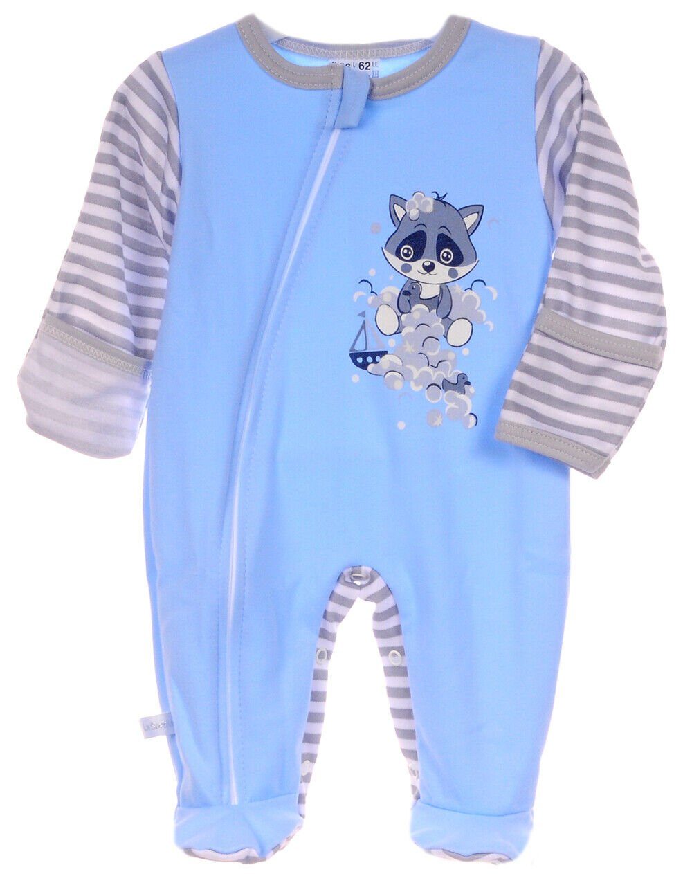 La Bortini Strampler Baby Overall Schlafanzug in Blau gestreift mit Waschbär aus reiner Baumwolle, 44 50 56 62 68 74 80 86 92 98 104