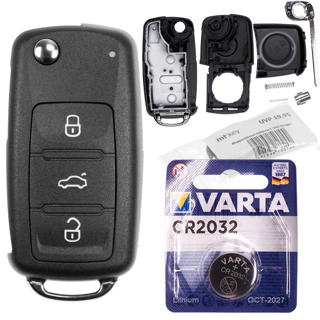 mt-key 3 Tasten Auto Klappschlüssel Ersatz Gehäuse + 1x VARTA CR2032 Knopfzelle, CR2032 (3 V), für ab BJ. 11/2009 VW UP POLO BEETLE GOLF SEAT IBIZA FABIA OCTAVIA