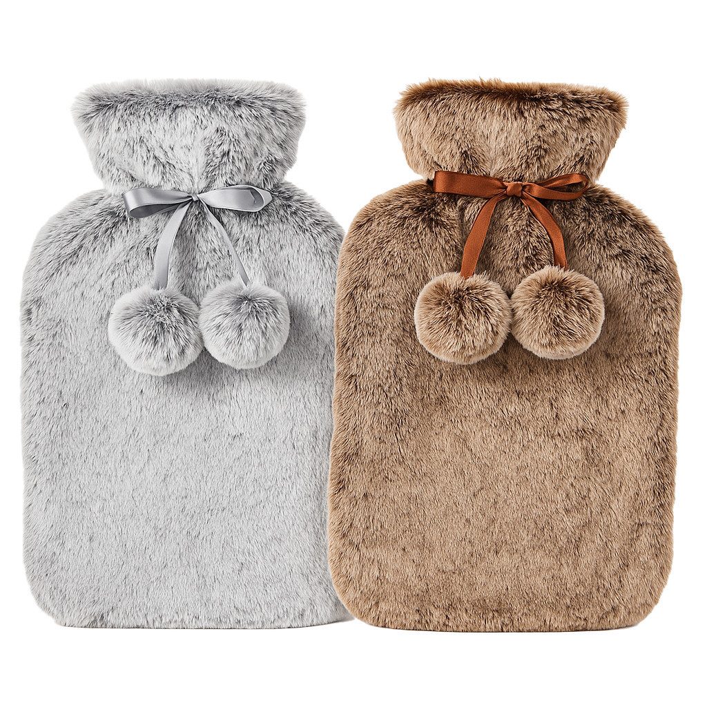 OSMA Werm Wärmflasche 2L mit Kunstfell grau oder beige 100% Polyester flauschig, Kuschelige Wärme mit Stil & Charme