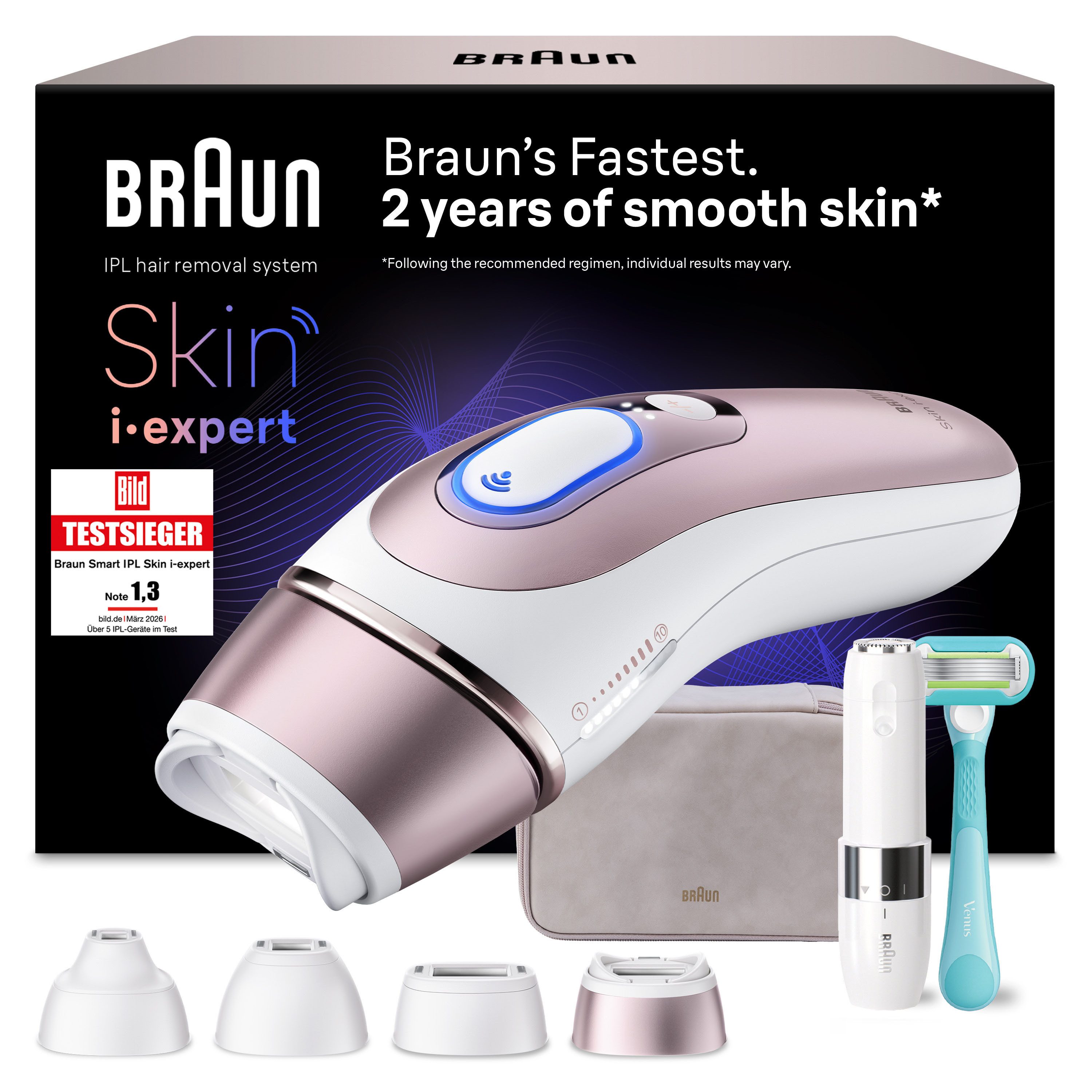 Braun IPL-Haarentferner Braun Smart Skin i·expert PL7432, 4 smarte Aufsätze, Mini-Gesichtsrasierer, Venus Rasierer, Tasche, Laser-Haarentfernung für Zuhause, Dauerhafte Haarreduzierung Modell 2026
