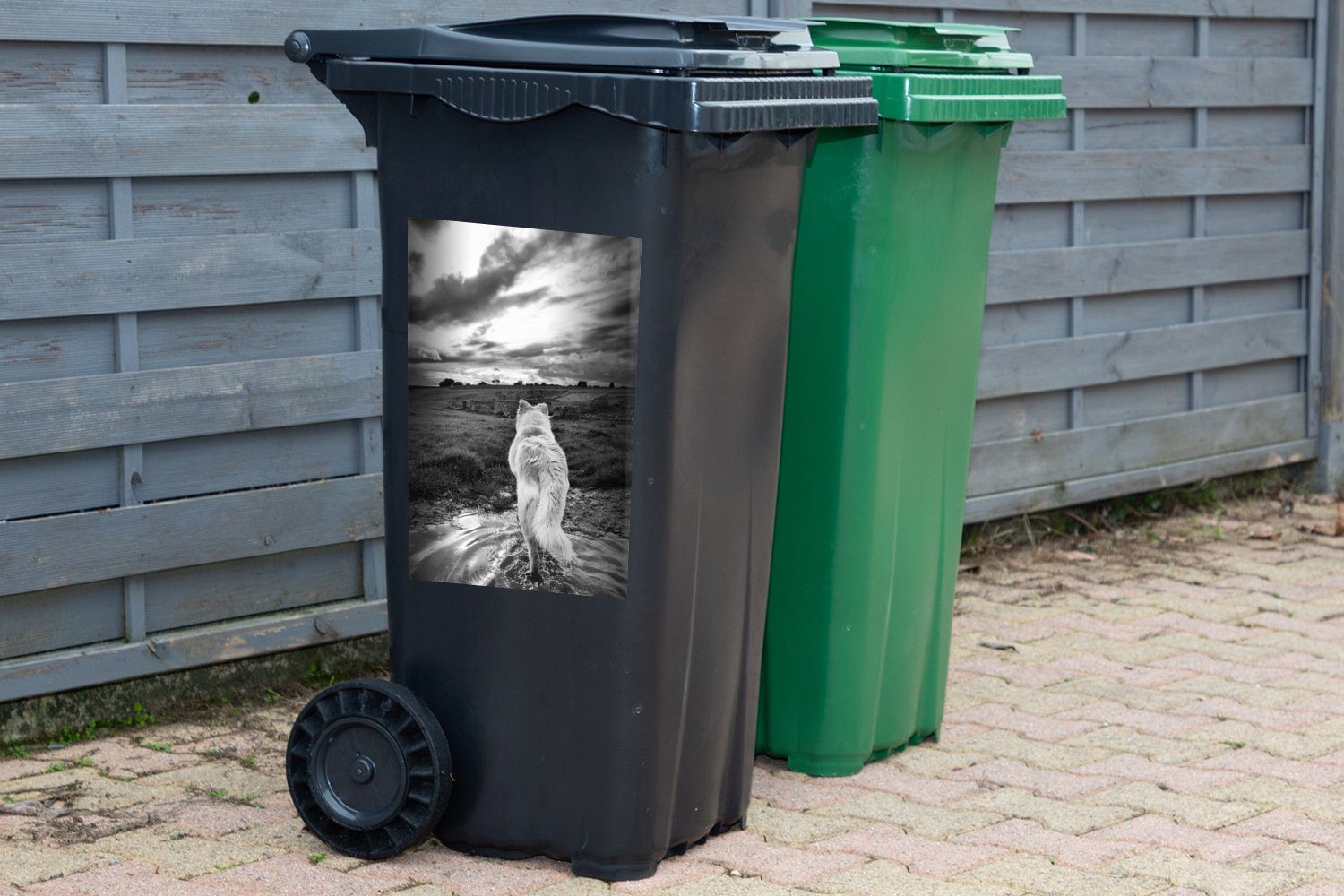 MuchoWow Wandsticker Wolf und Schwarz Blick (1 Container, Sticker, mit die auf Abfalbehälter in Mülleimer-aufkleber, Weiß Mülltonne, Landschaft St)