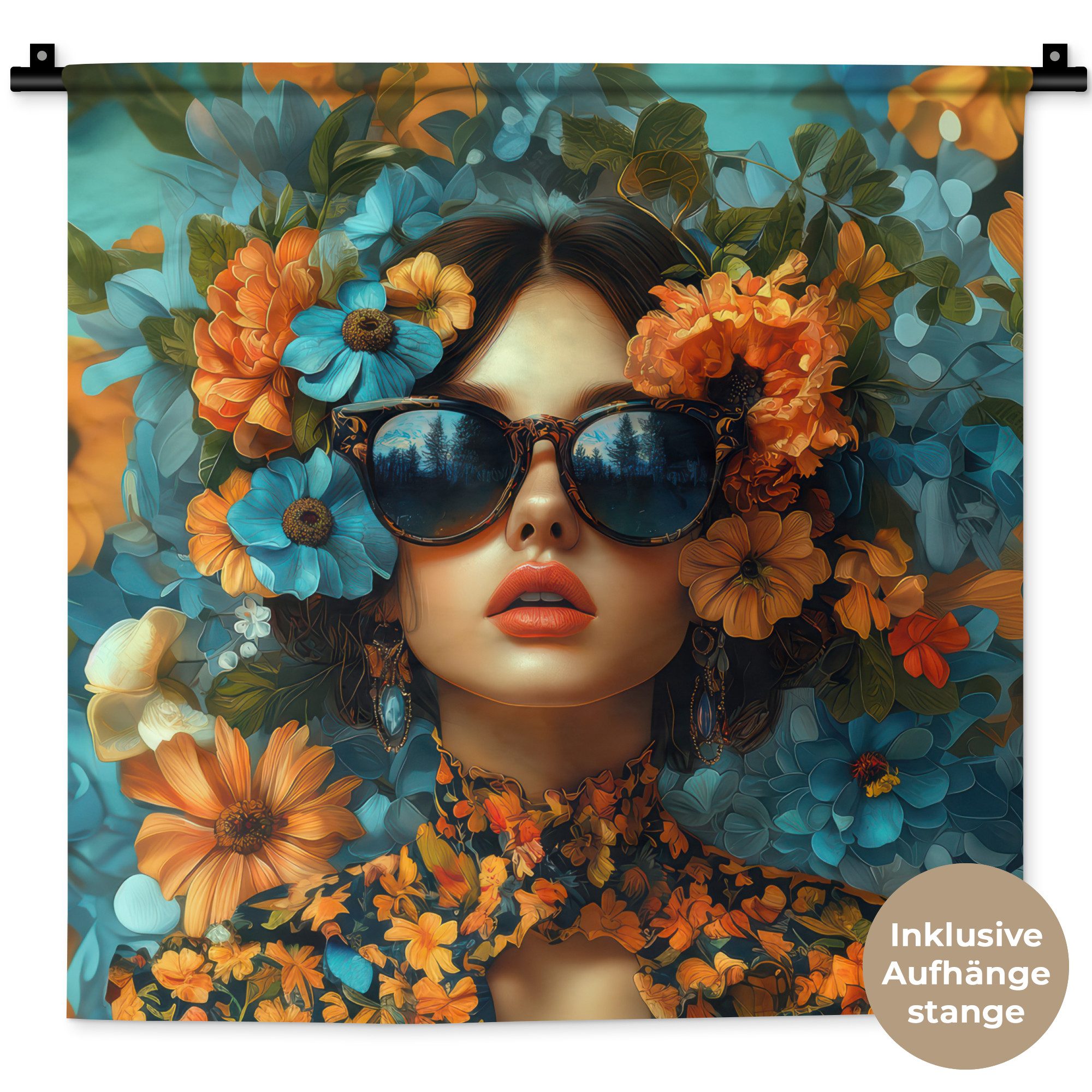 MuchoWow Wandteppich Frau - Blumen - Orange - Blau - Modern, Quadratisch, Höhe: 3 mm, Wand Teppich, Deko für an den Wand, 60x60 cm