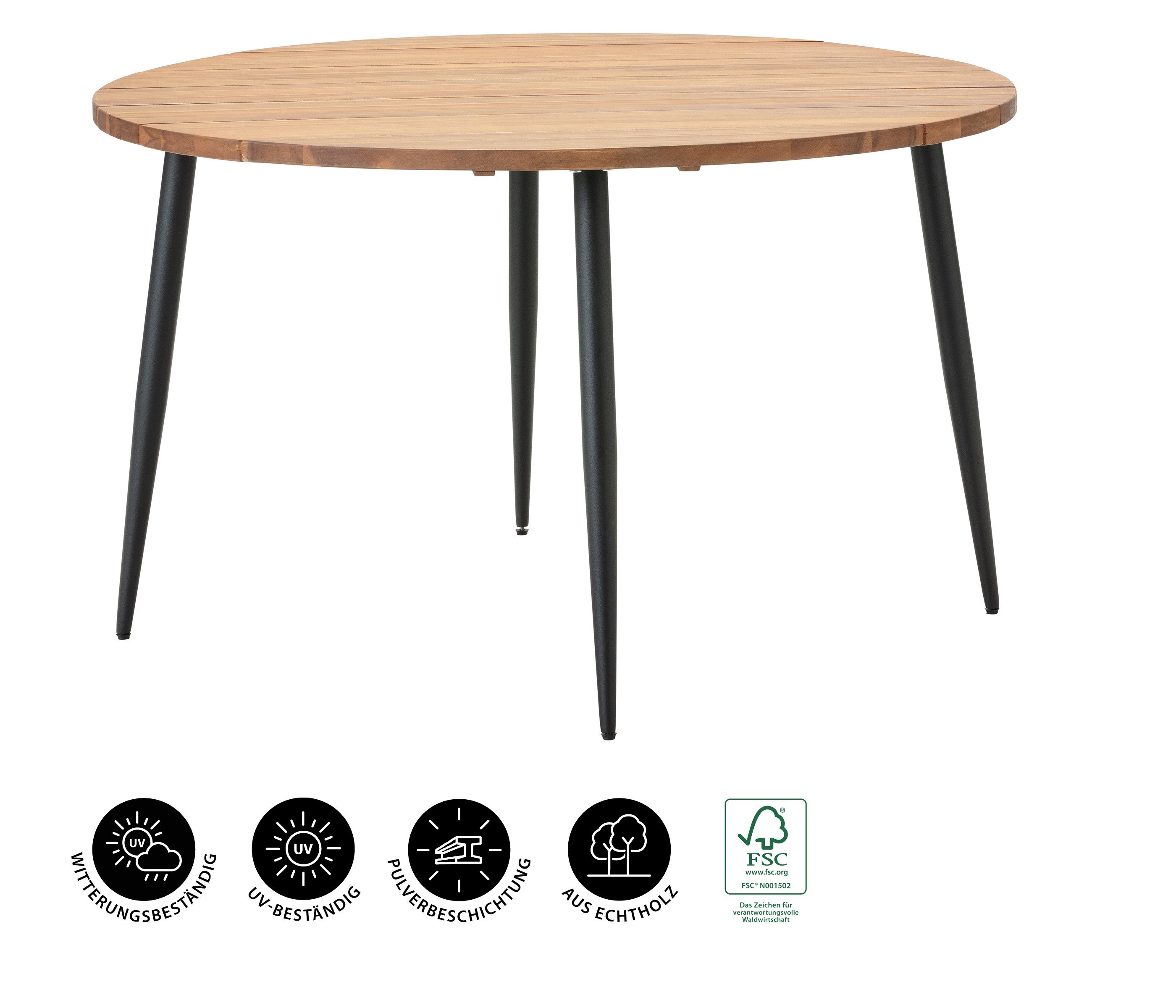 Dehner Gartentisch Venezia, Ø 120 cm, Höhe 75 cm, FSC®-zertifiziertes Akazienholz/Metall, runder Diningtisch in zeitlosem Design, mit bis zu 4 Sitzplätzen