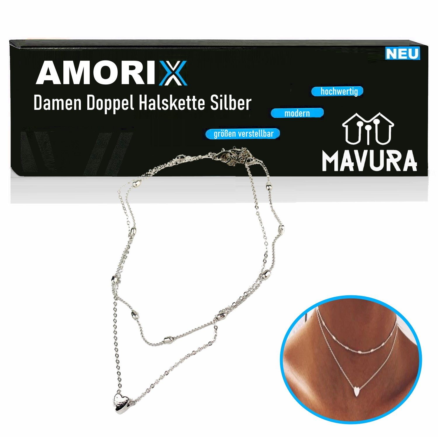 MAVURA Kette mit Anhänger AMORIX Damen Doppel Kette Halskette silber Herz 2er Set, Blogger kurz Herzkette Doppelkette Statement Valentinstag