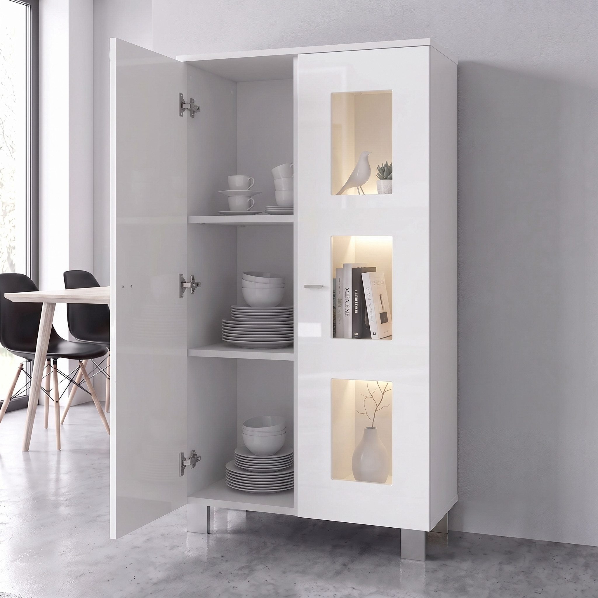 Vladon Standvitrine Denjo (Standvitrine, mit 2 Türen und 3 Glaseinsätzen) Weiß matt/ Weiß Hochglanz/ Eiche Nordic (71 x 129 x 35 cm)