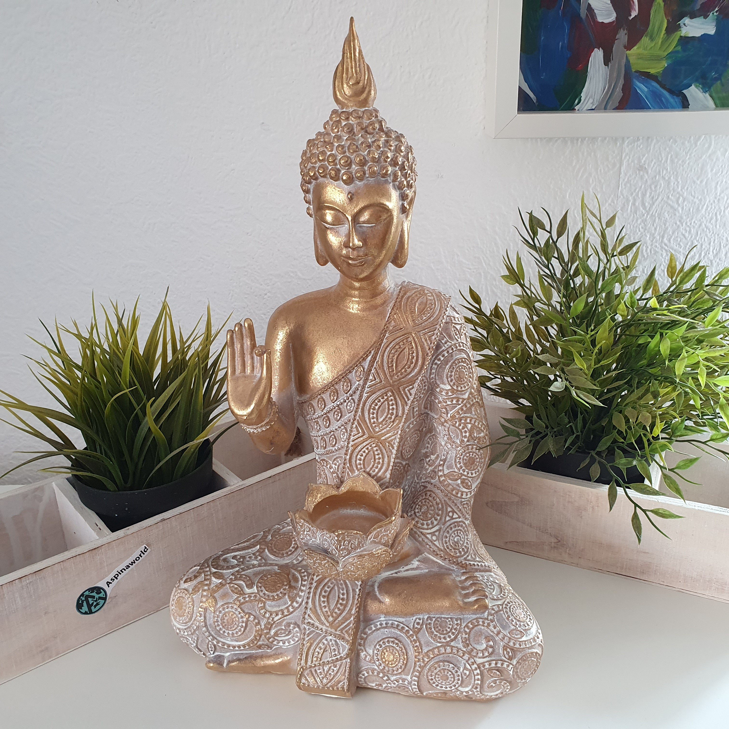 Aspinaworld Buddhafigur Sitzende Buddha Figur als Teelichthalter Gold 38 cm
