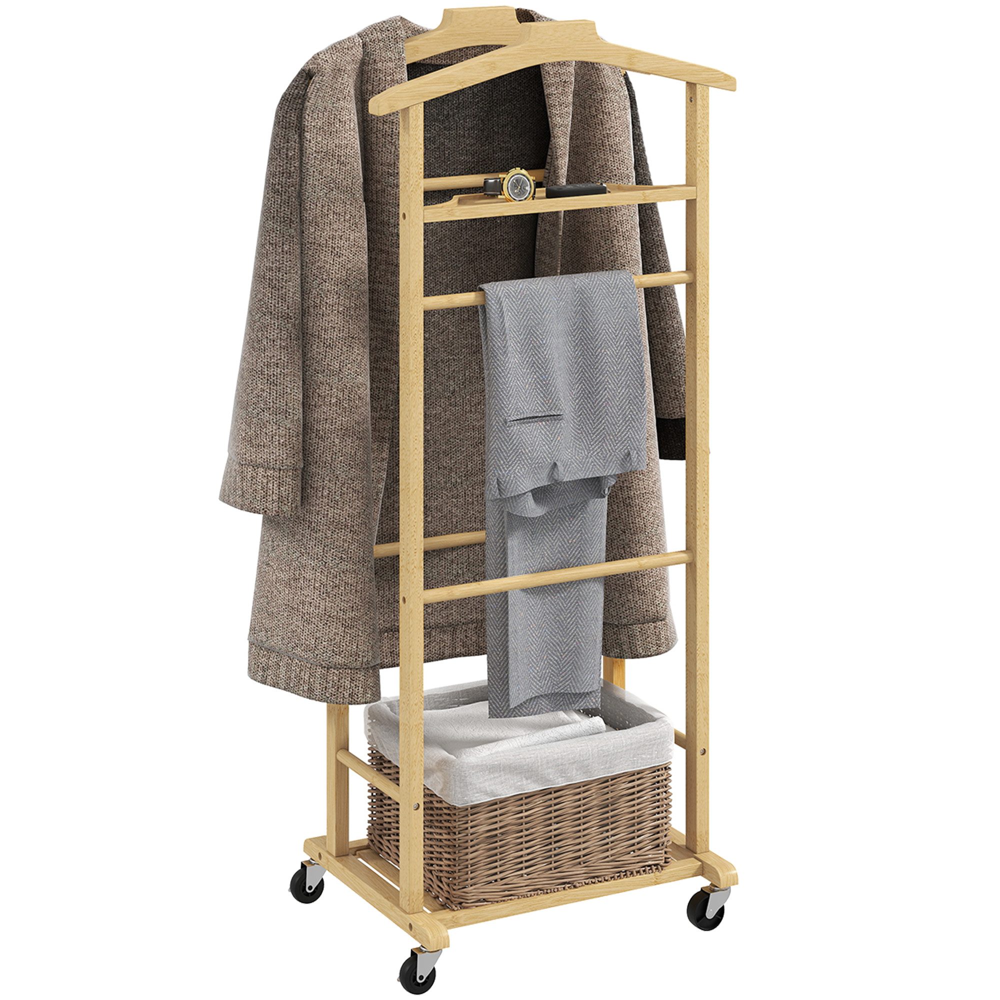 HOMCOM Garderobenständer Doppelstangen Schuhablage, (Kleiderständer, 1 St., Garderobe), aus Bambus, kompakt, mobil mit Rollen