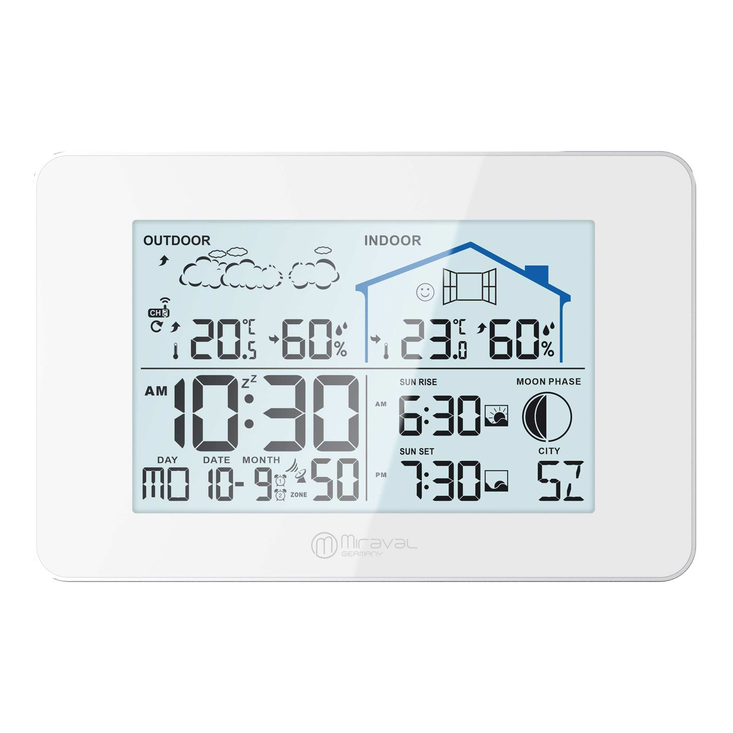 Miraval LCD Funk-Wetterstation mit Außensenor Funkwetterstation (Temperaturanzeige Datumsanzeige Alarm Displaybeleuchtung Hygrometer)