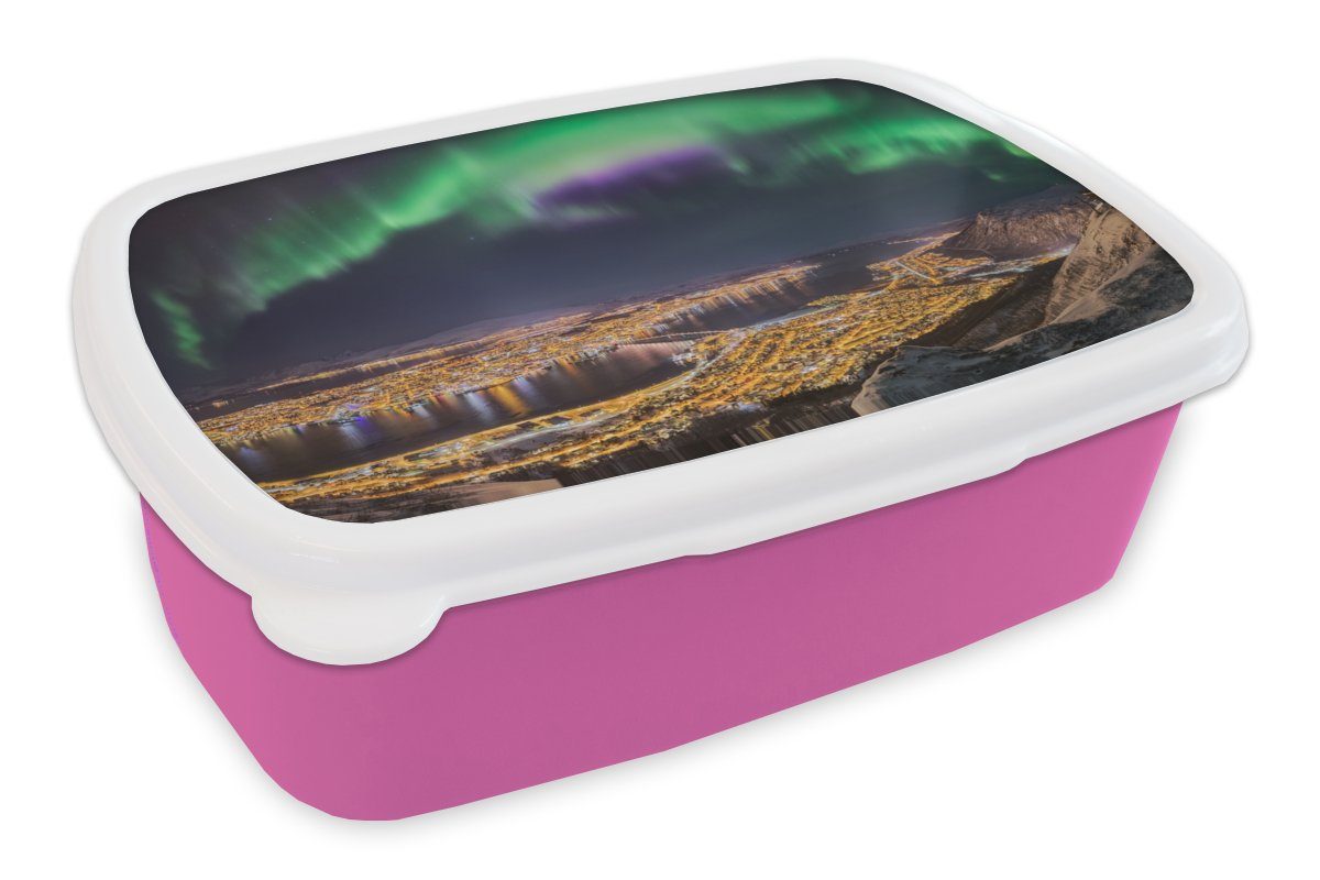 MuchoWow Lunchbox Nordlichter - Grün - Lila - Norwegen, Kunststoff, (2-tlg), Brotbox für Erwachsene, Brotdose Kinder, Snackbox, Mädchen, Kunststoff rosa