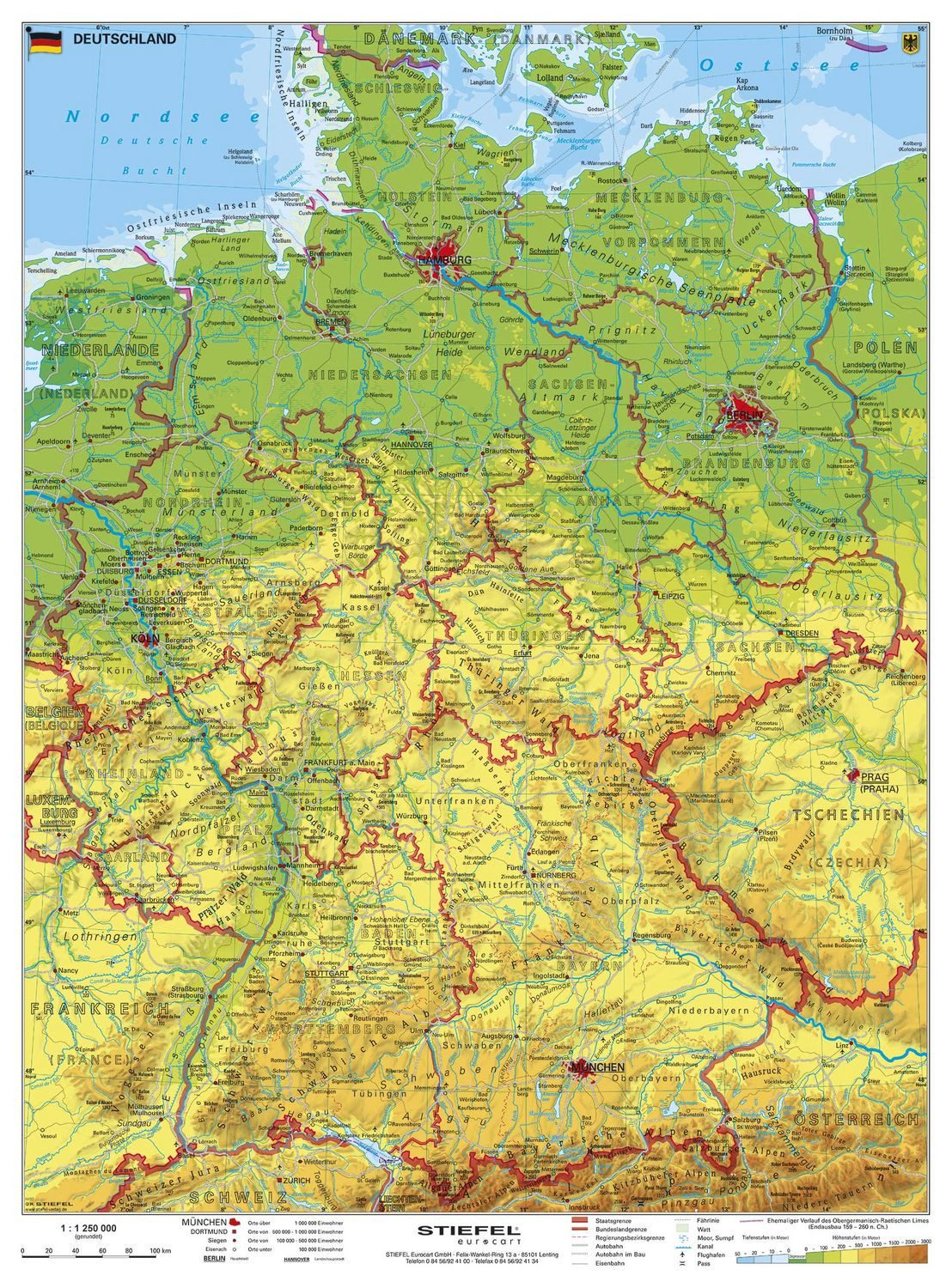 Deutschland, physisch 1 : 1 100 000. Wandkarte Kleinformat ohne Metall / Heinrich Stiefel