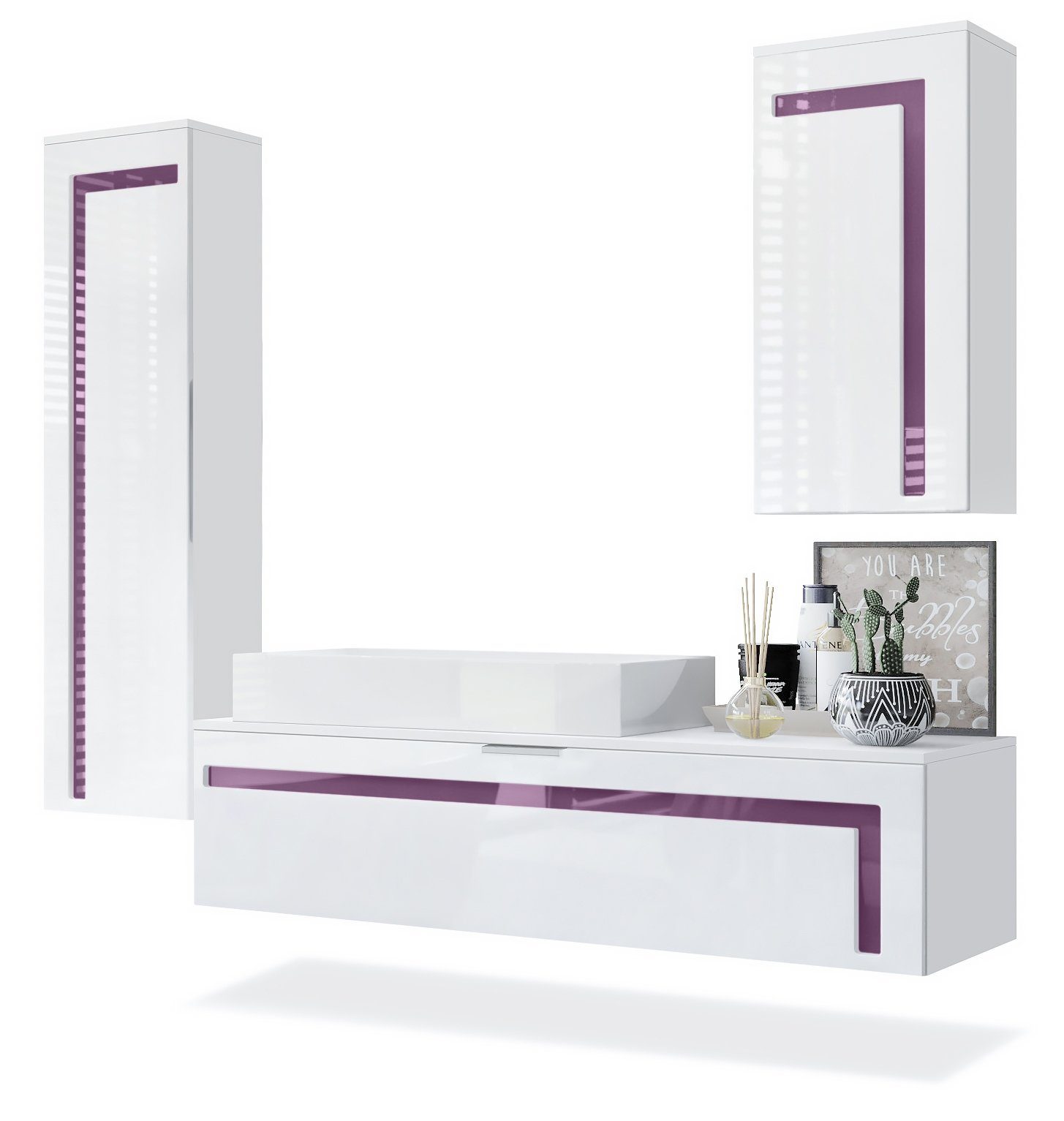 Vladon Badmöbel-Set Aloha, (Badezimmer-Set mit 2 Hochschränken, 1 Unterschrank und 1 LED Spiegel), Weiß matt&glänzend, Absetzungen in Brombeer glänzend (210x51x185 cm)