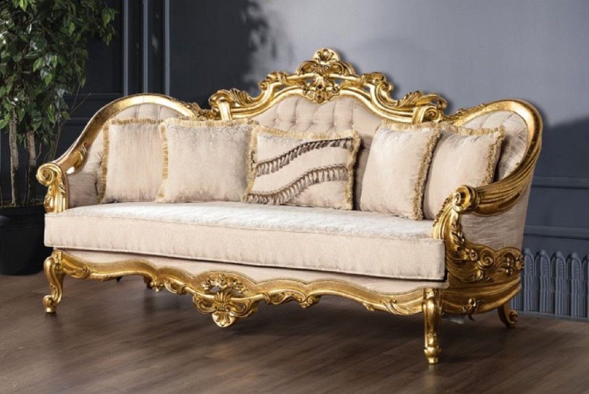 Casa Padrino Sofa Luxus Barock Sofa Cremefarben / Gold - Prunkvolles Wohnzimmer Sofa mit Muster - Barock Wohnzimmer Möbel - Edel & Prunkvoll
