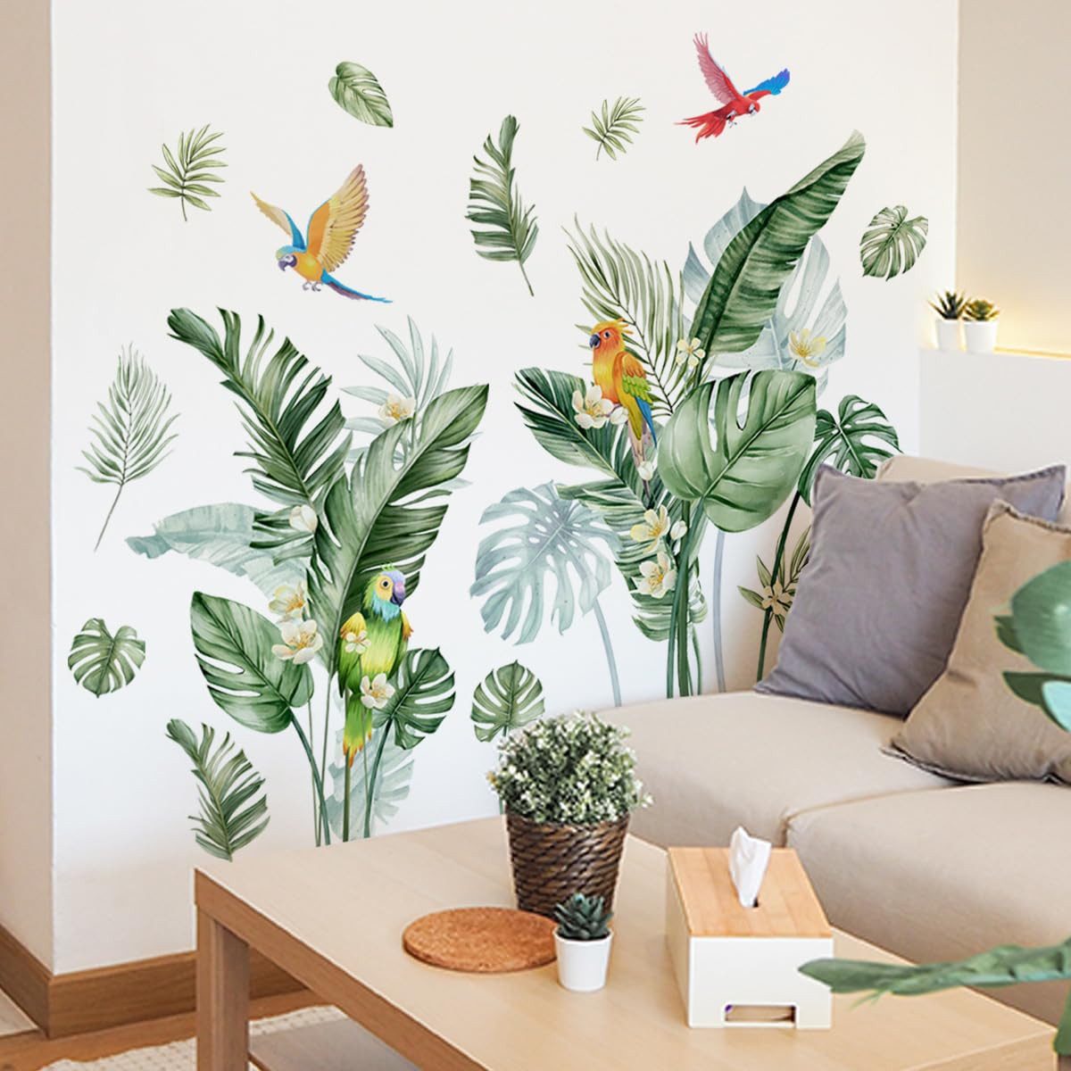 FOUORTUNATE-BEE Wandtattoo Wandtattoo Tropische Blätter & Vögel Grün für Wohnzimmer, Selbstklebende Wandsticker Pflanzen für Bad, Küche & Schlafzimmer