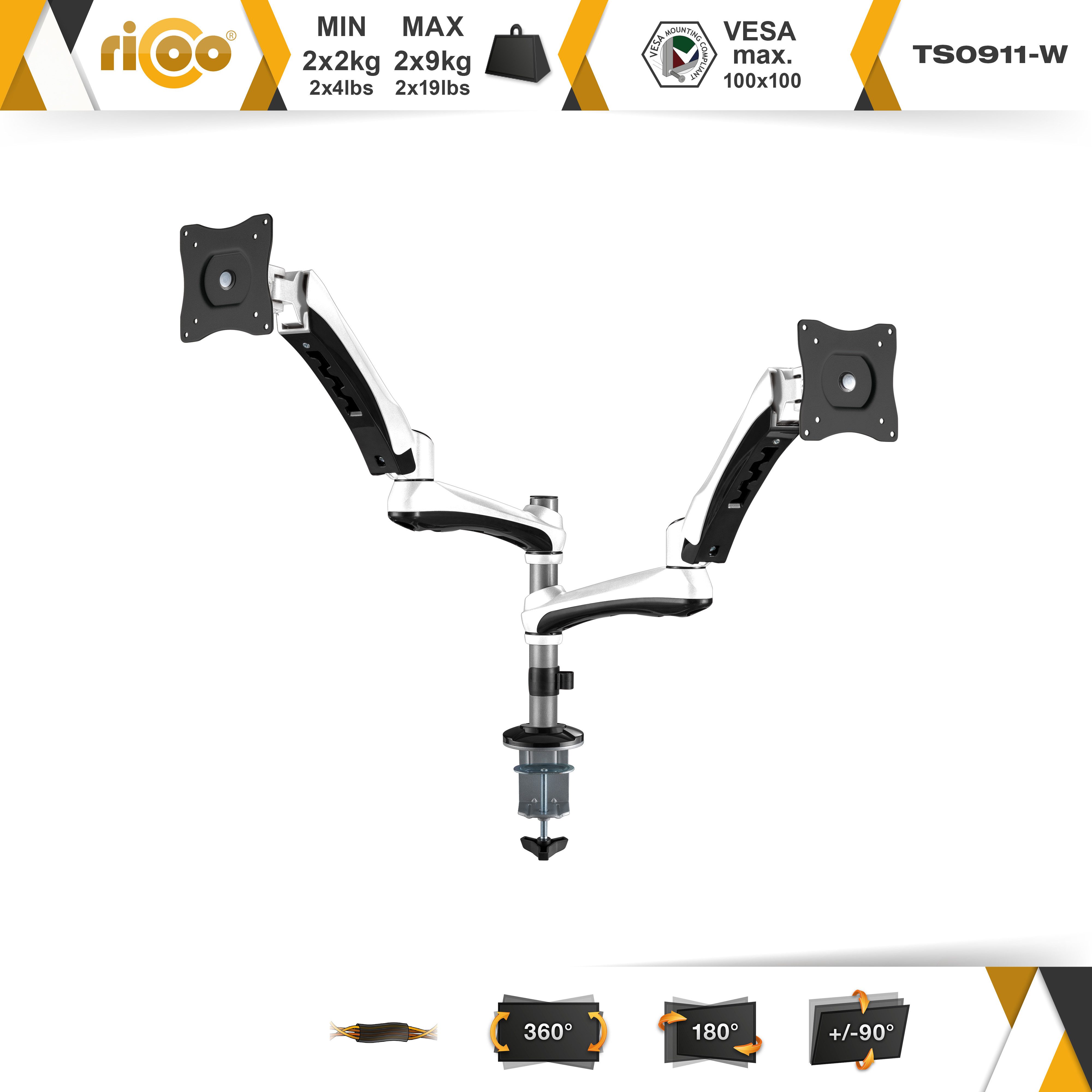 RICOO Monitor-Halterung TS0911-W, (bis 32 Zoll, 1-tlg., Tischhalterung 2 Monitore Gasfeder Dual Monitorstand Bildschirm Halter)