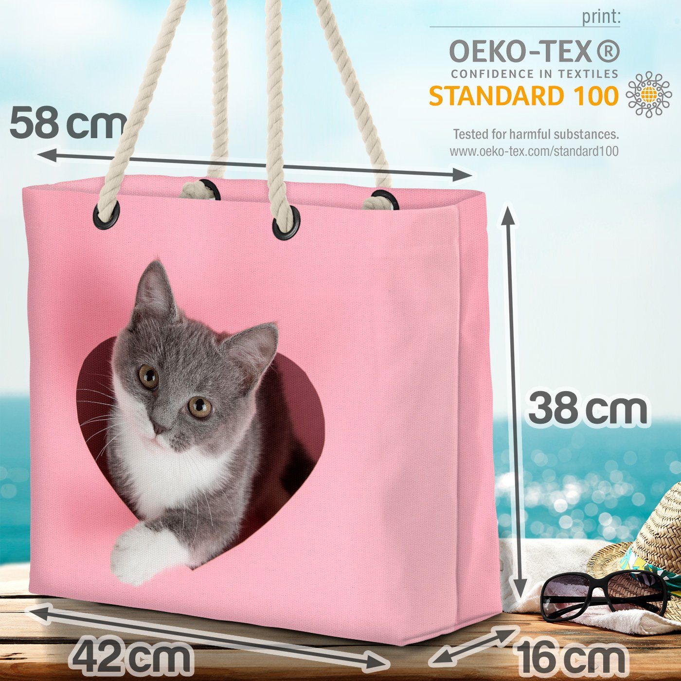 VOID Strandtasche (1-tlg), Katze Liebe Herz Katze Haustier Herz Tier Kätzchen Valentinsges Liebe