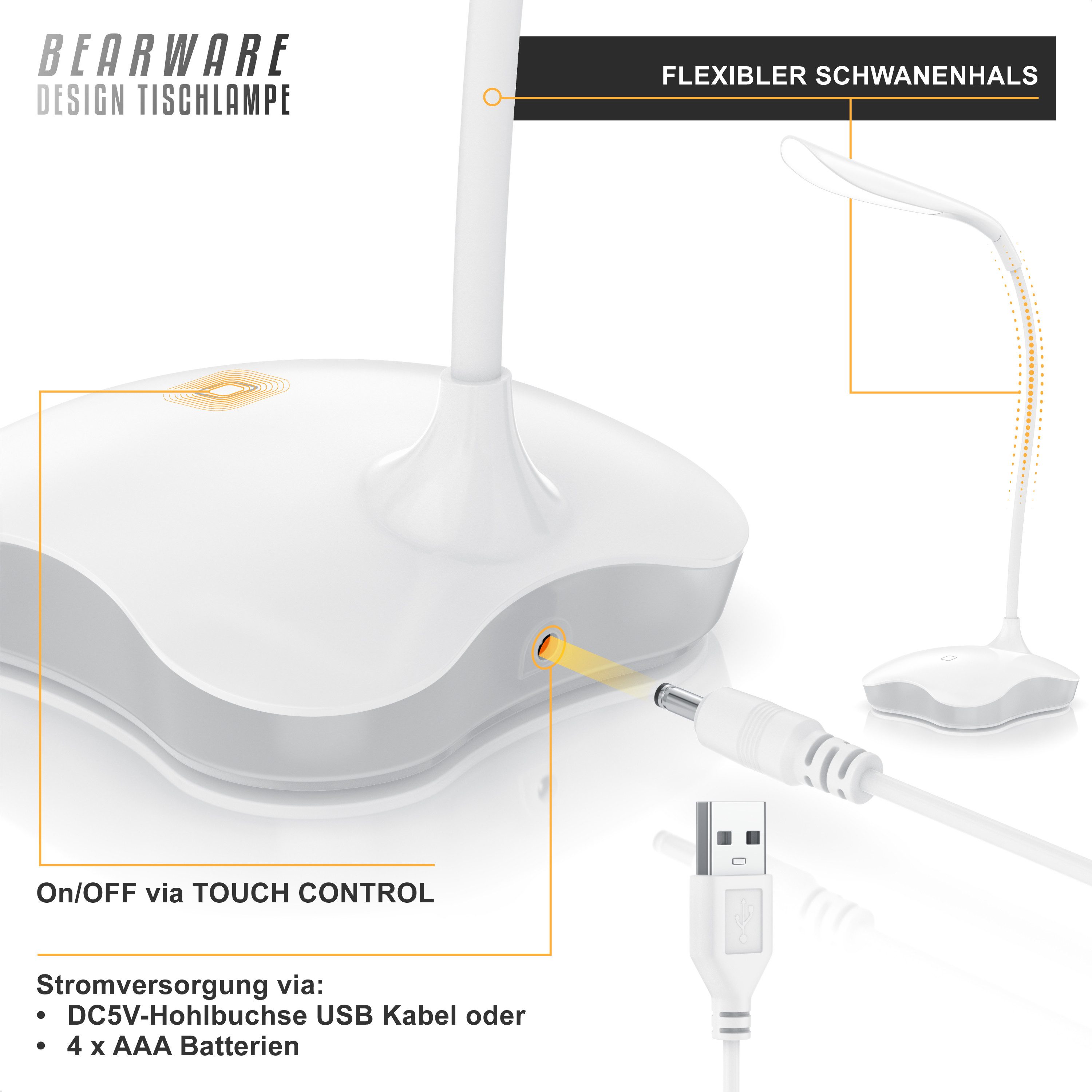 BEARWARE Schreibtischlampe LED Leselampe dimmbar, 3 Lichtmodi, Touch-Sensor, flexibler Lampenhals, mehrere Helligkeitsstufen; Nachtlichtfunktion, LED fest integriert, kaltweiß, Bürolampe, USB oder Batteriebetrieb, 3 Helligkeitsstufen, Tischleuchte