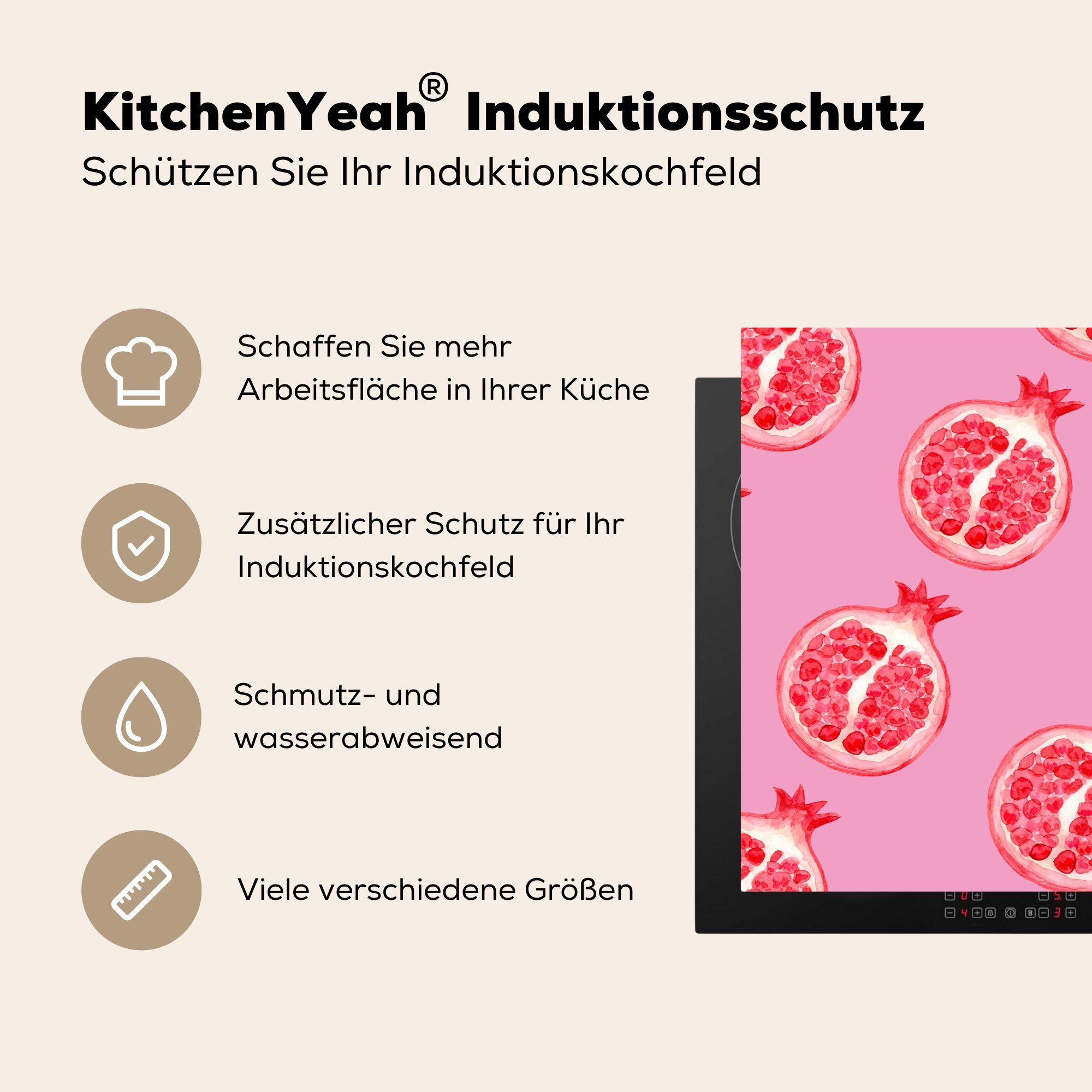 Muster, tlg), Vinyl, Herdblende-/Abdeckplatte cm, Schutz (1 - für Induktionskochfeld küche, 81x52 Obst MuchoWow die Ceranfeldabdeckung Rosa -