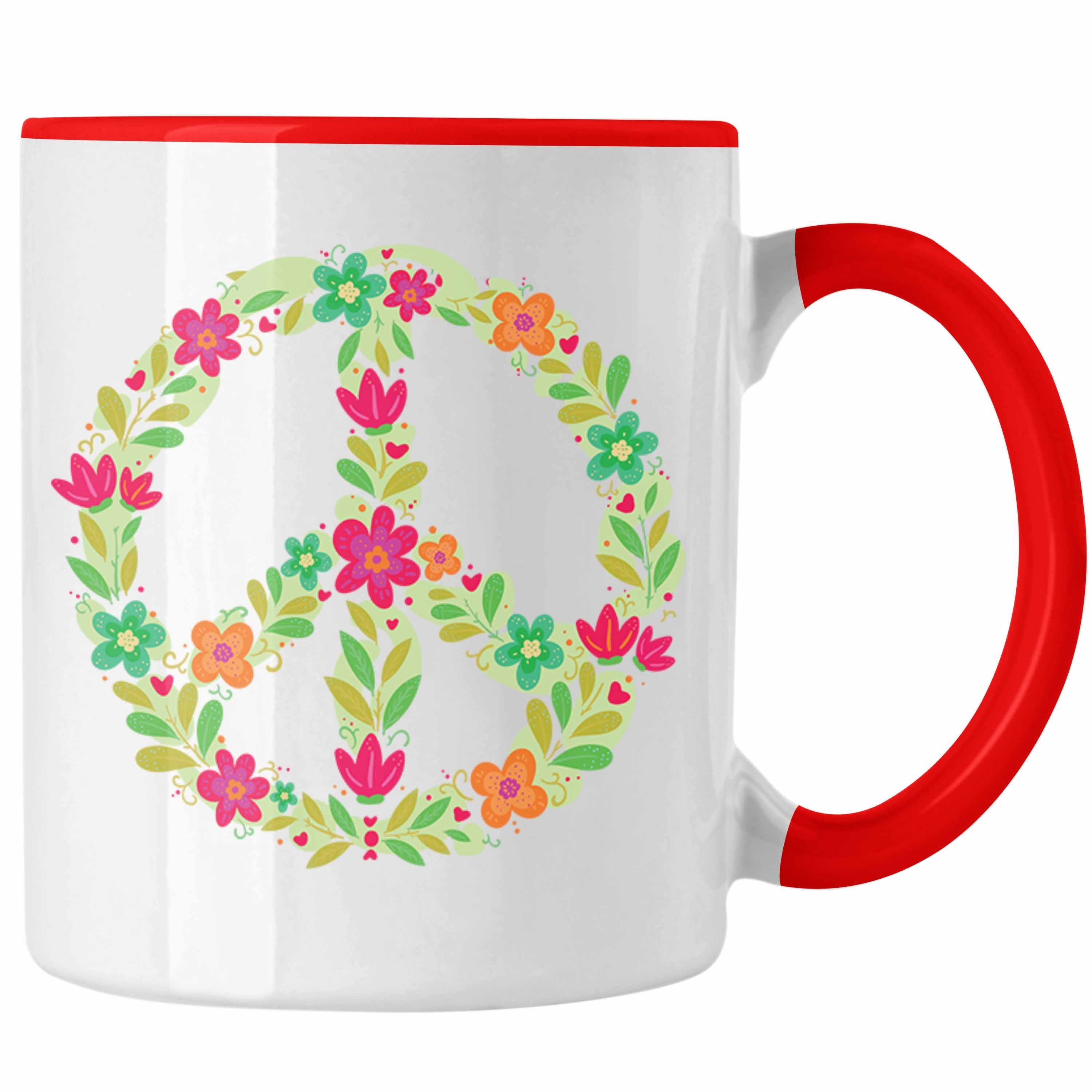 Trendation Tasse Trendation - Peace Zeichen Tasse Frieden Hippie 90er 80er Grafik Geschenk Blumen Grün Rot