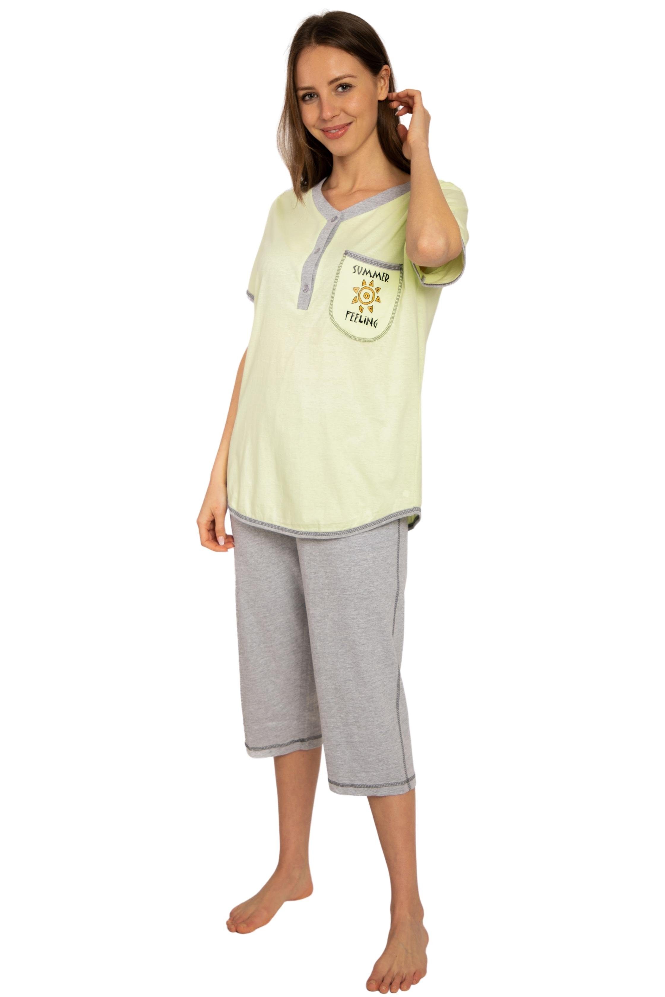 Consult-Tex Capri-Pyjama Damen Capri Pyjama (Spar-Set, DF445Capri 1 Oberteil Schlafanzug Brusttasche aufgesetzter Set) mit