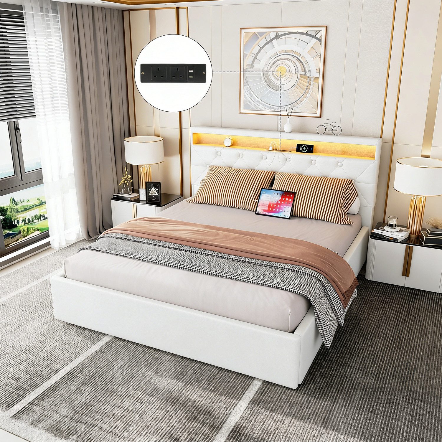 oyajia Polsterbett Doppelbett mit Steckdosen & LED Beleuchtung,Hydraulischem Stauraum (Funktionbett mit Hydraulikstange,Tragfähigkeit: 365kg, Strapazierfähig,Metallrahmen), Bettgestell mit Lattenrost,Leinenmaterial Polsterbett, ohne matratze
