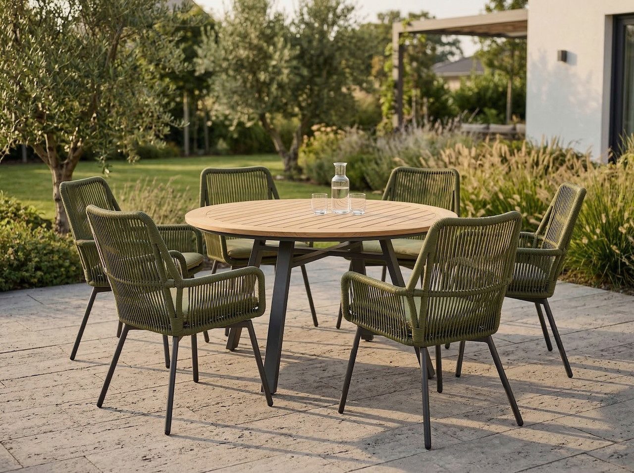 Lesli Living Garten-Essgruppe "Monza" Rund Ø120cm + 4 oder 6 Geflecht-Stühlen, Teakholz, Aluminium, (5-tlg), Sitzkissen, Geflochten, Scandi / Skandi - Boho, Gartenmöbel-Set, Rope