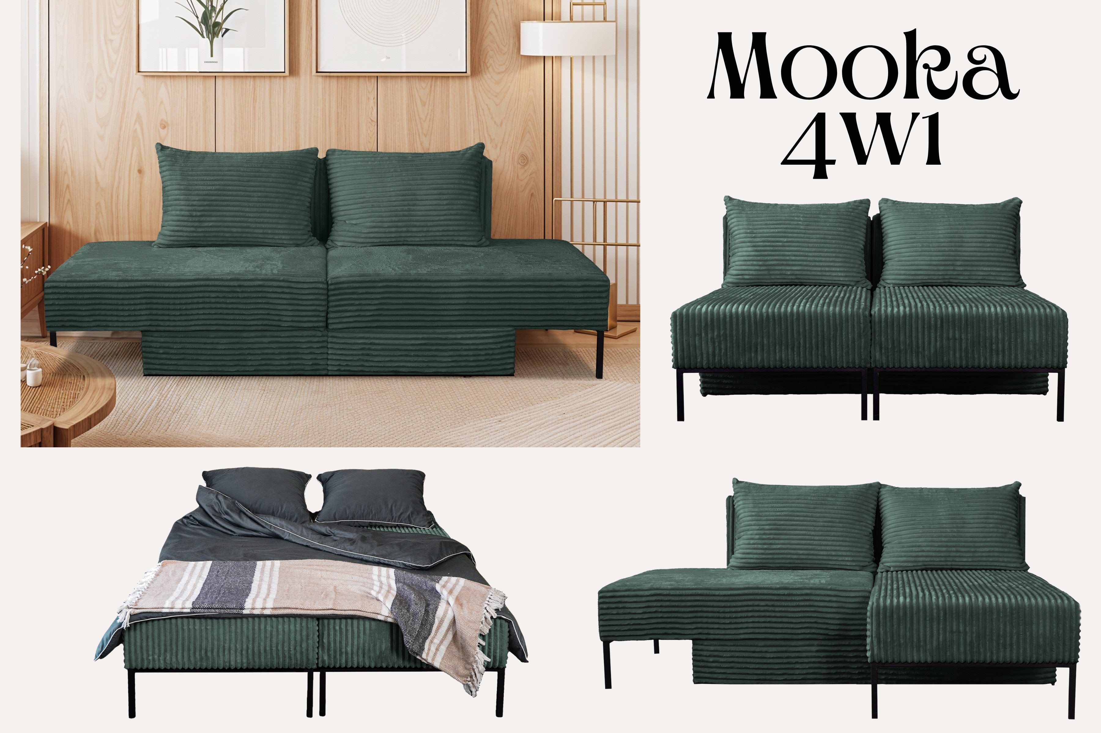 Kaiser Möbel Schlafsofa Ecksofa, Betten, Liegestuhl, MOOKA 4in1-Multifunktions-System