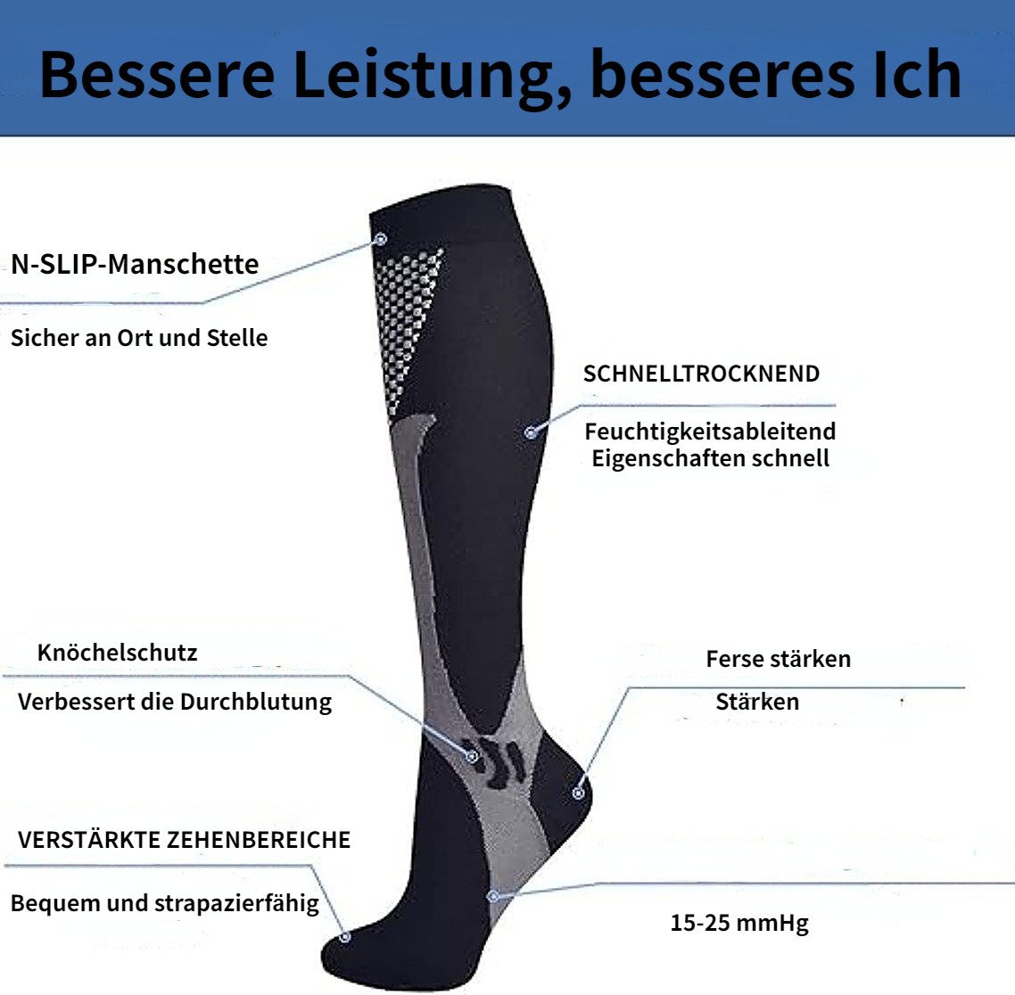 Blusmart Stützkniestrümpfe Kompressionssocken für Damen und Herren (3 Paar Stützsocken, Thrombose-Socken mit hohem Tragekomfort) Geeignet für Sport, Laufen, Fliegen, Reisen, Radfahren