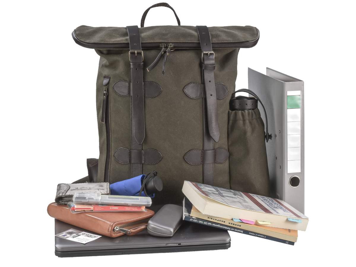 Ruitertassen Tagesrucksack Overland, Rolltop Rucksack, Canvas, Leder olivgrün, wasserdichte Reißverschlüsse