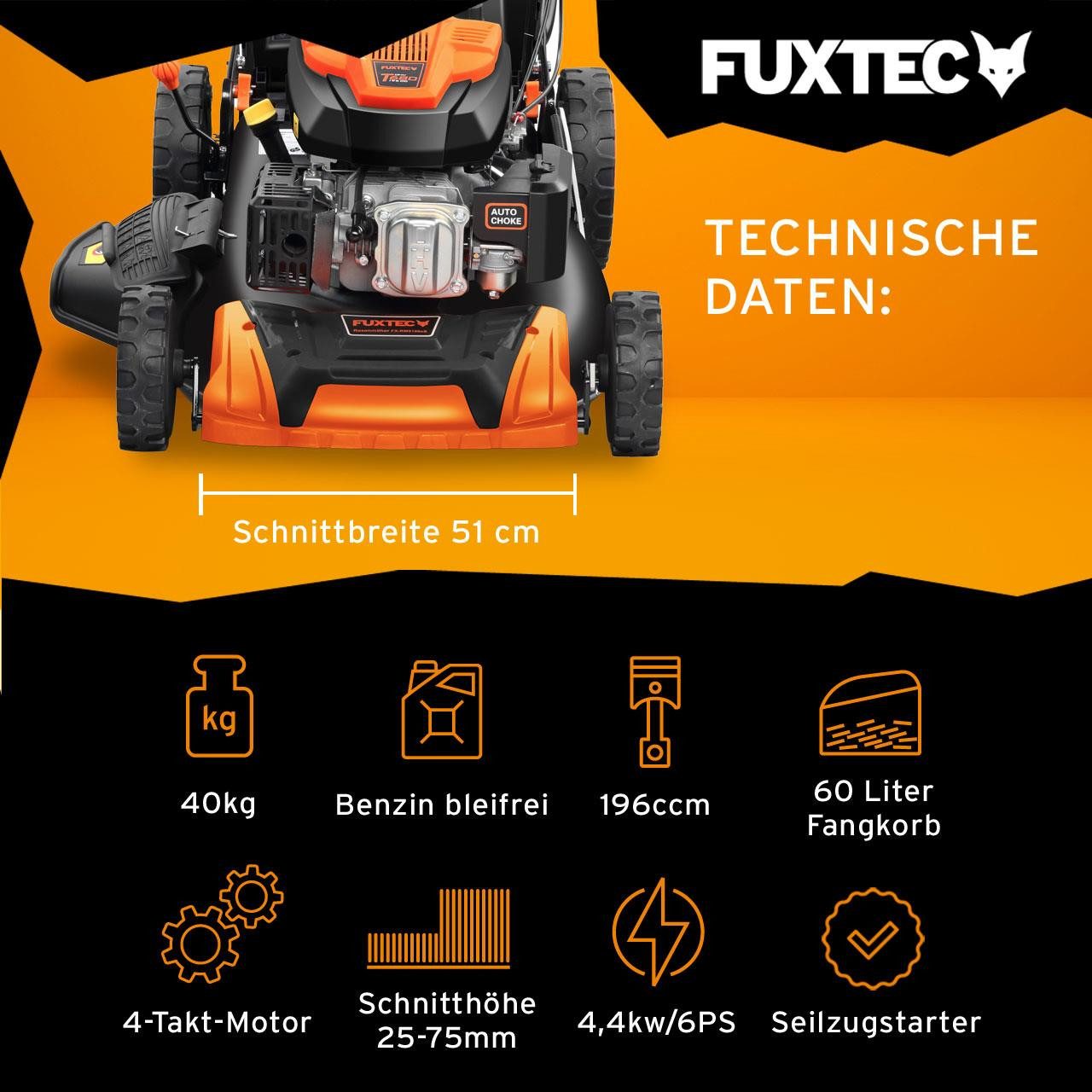 FUXTEC Benzinrasenmäher FX-RM5196SL, 50,1 cm Schnittbreite, 50 cm Schnittbreite, 60 l, Auto-Choke-System, Easy-Clean Funktion