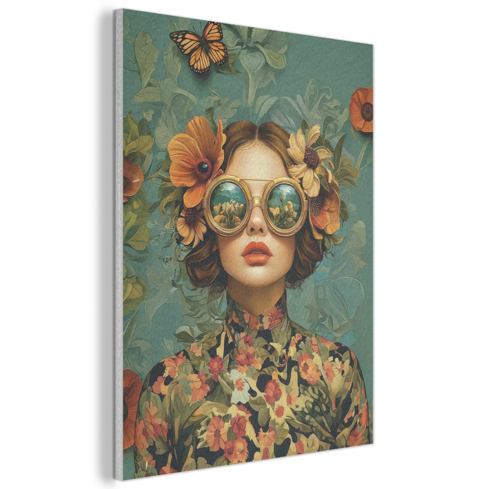 MuchoWow Gemälde Frau - Blumen - Schmetterlinge - Natur - Vintage, Fotodruck (1 St), Akustikpaneele, Wandpaneele, Schalldämmung, …
