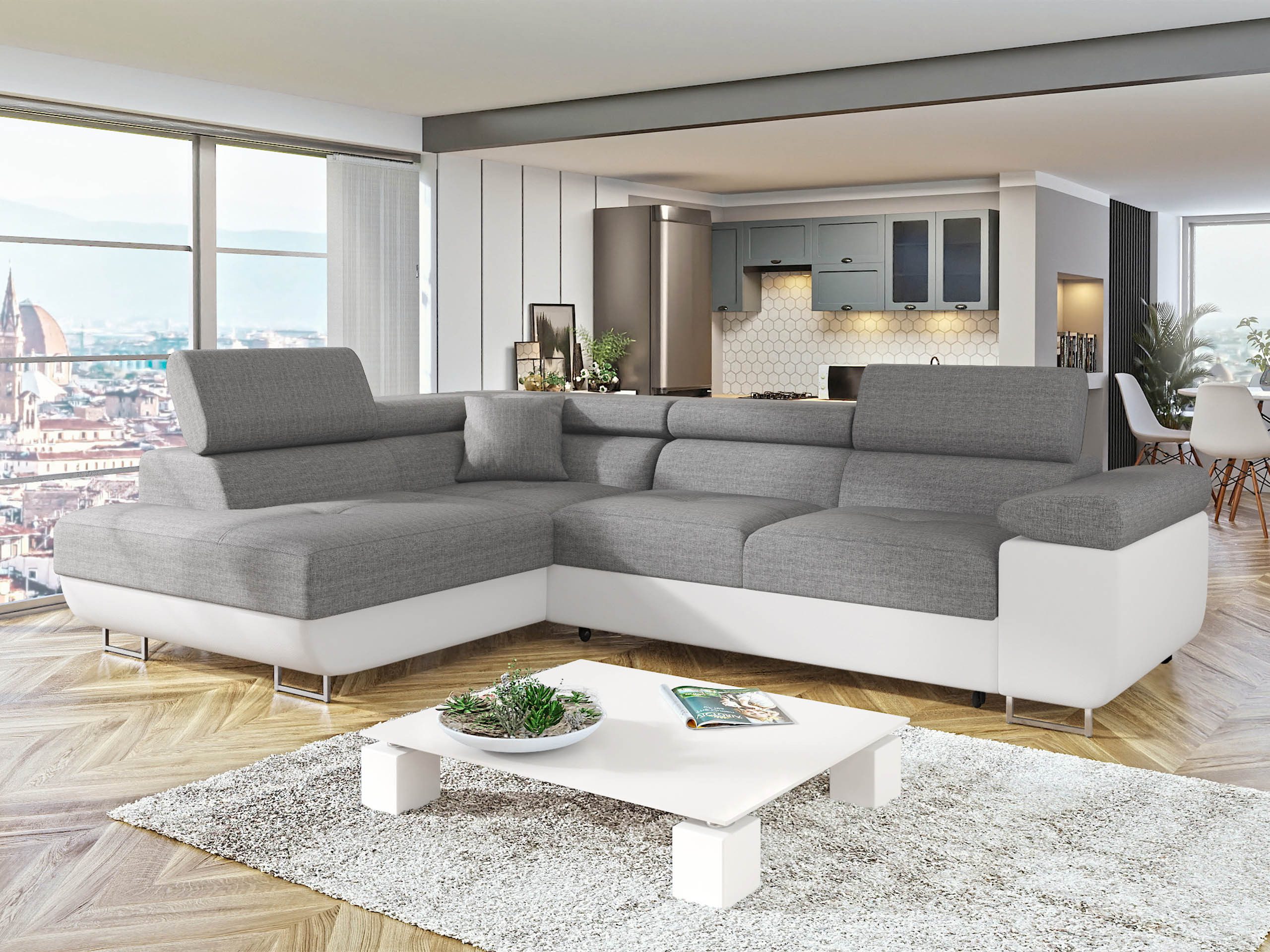 MIRJAN24 Ecksofa Torezio, mit Bettkasten und Schlaffunktion, Einstellbare Kopfstützen, 274x203x70-90 cm