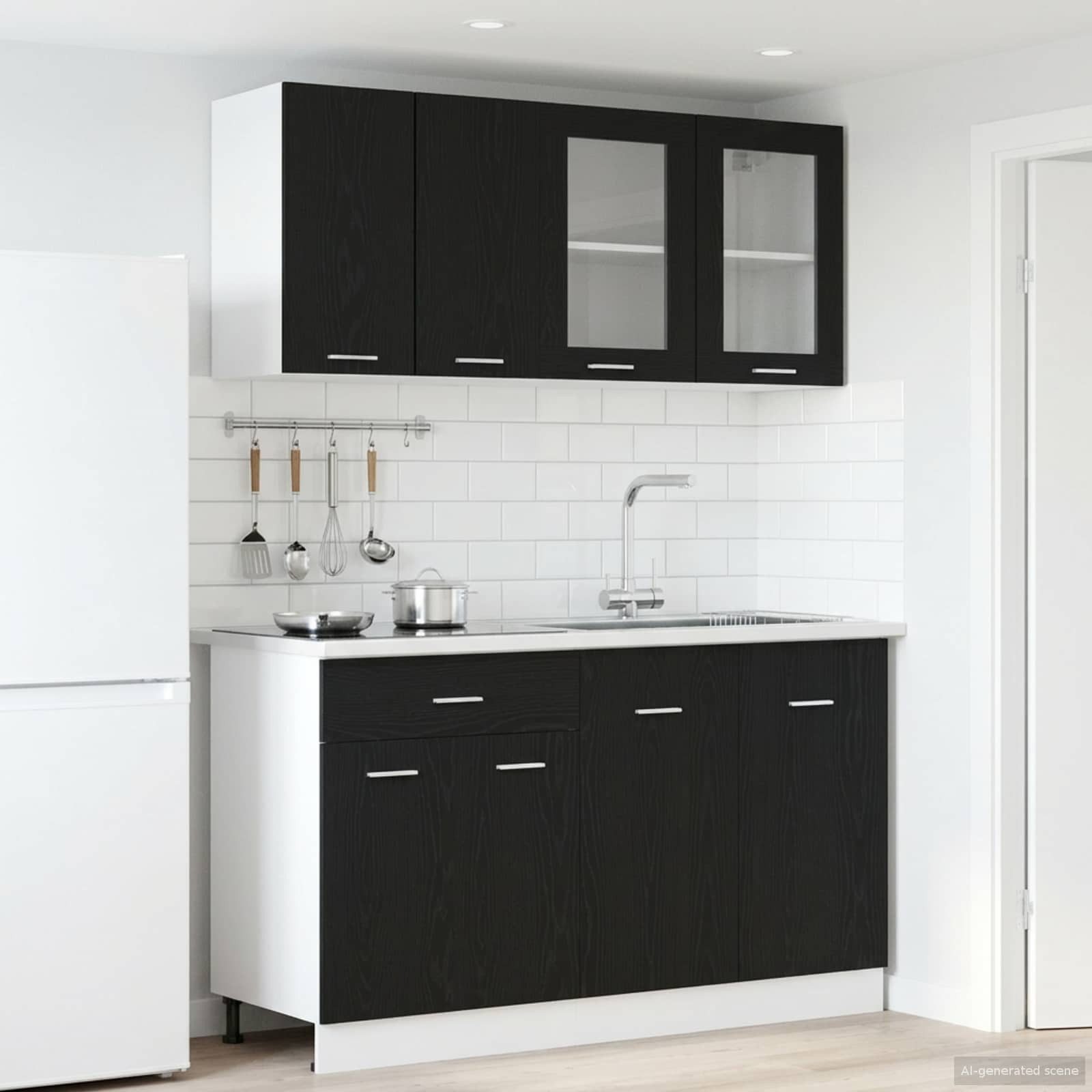 furnicato Schrank-Set Küchenschrank-Set LYON Schwarz Eichen-Optik, (1-St), Küchenzeile mit Glastüren und höhenverstellbaren Füßen für Küche