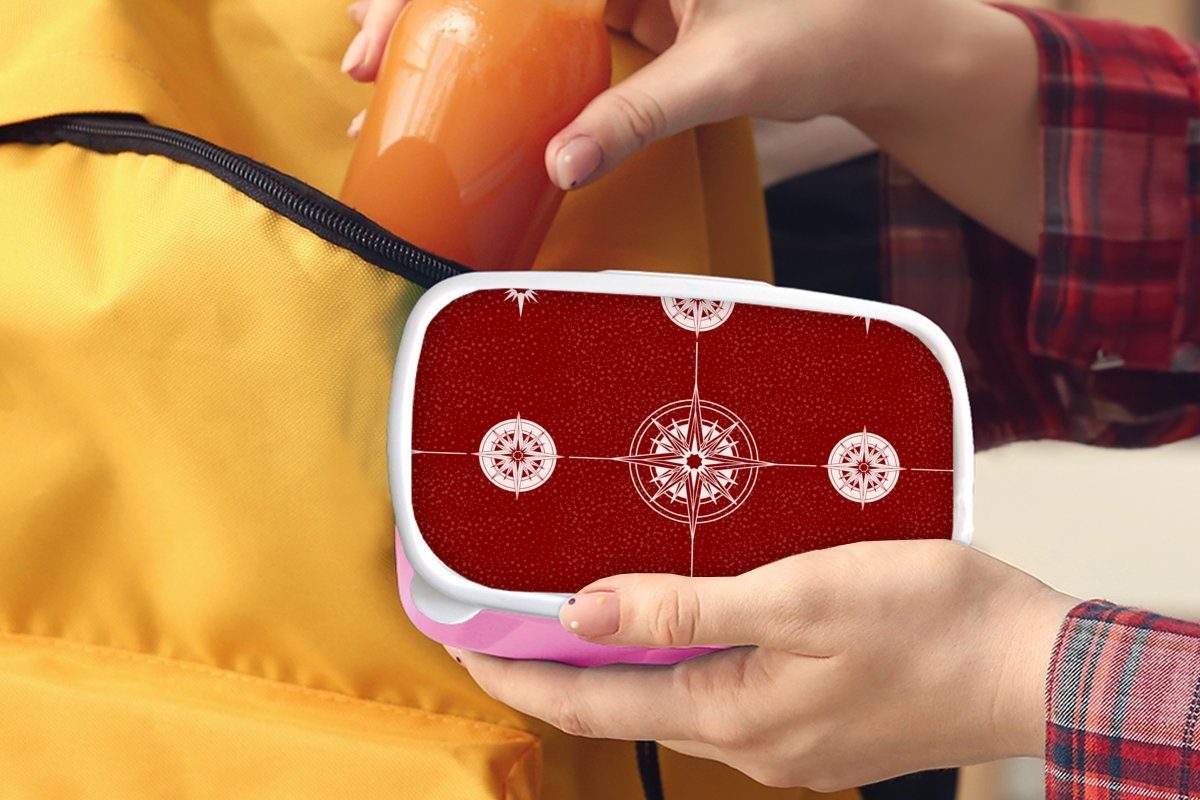 MuchoWow Lunchbox Kompass - für Brotbox Erwachsene, Mädchen, rosa Snackbox, - Muster, Kunststoff Reisen (2-tlg), Kinder, Brotdose Kunststoff