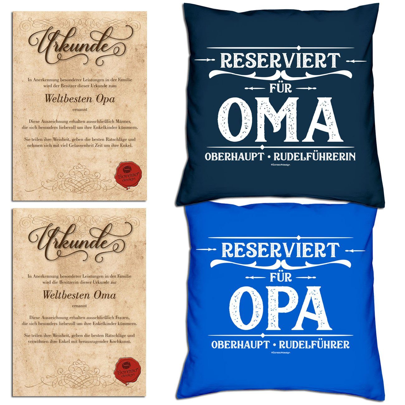 Soreso® Dekokissen Kissen-Set Reserviert für Opa Reserviert für Oma mit Urkunden, B/T 40x40 cm, mit Reißverschluss, komplett mit Füllung navy-blau