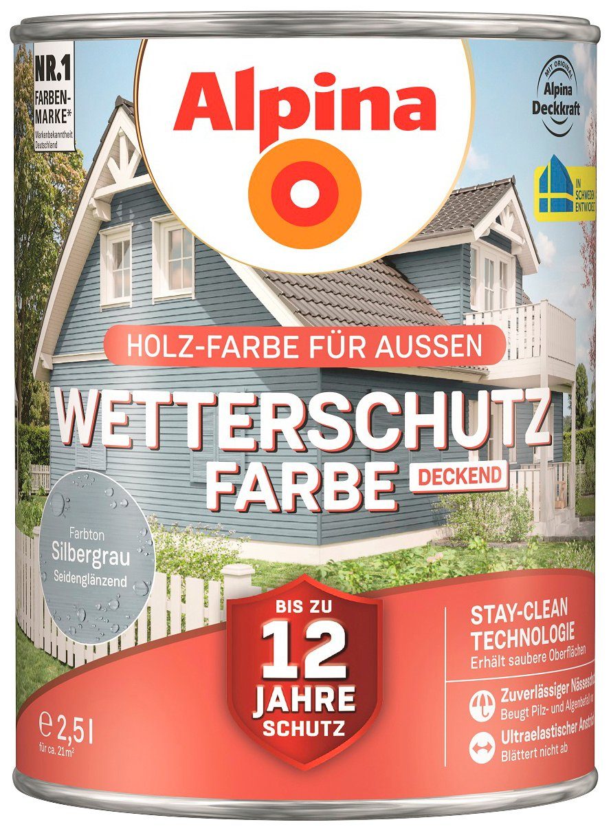 Alpina Wetterschutzfarbe Wetterschutzfarbe, deckend, seidenmatt, 2,5 Liter für ca. 21 m² silbergrau
